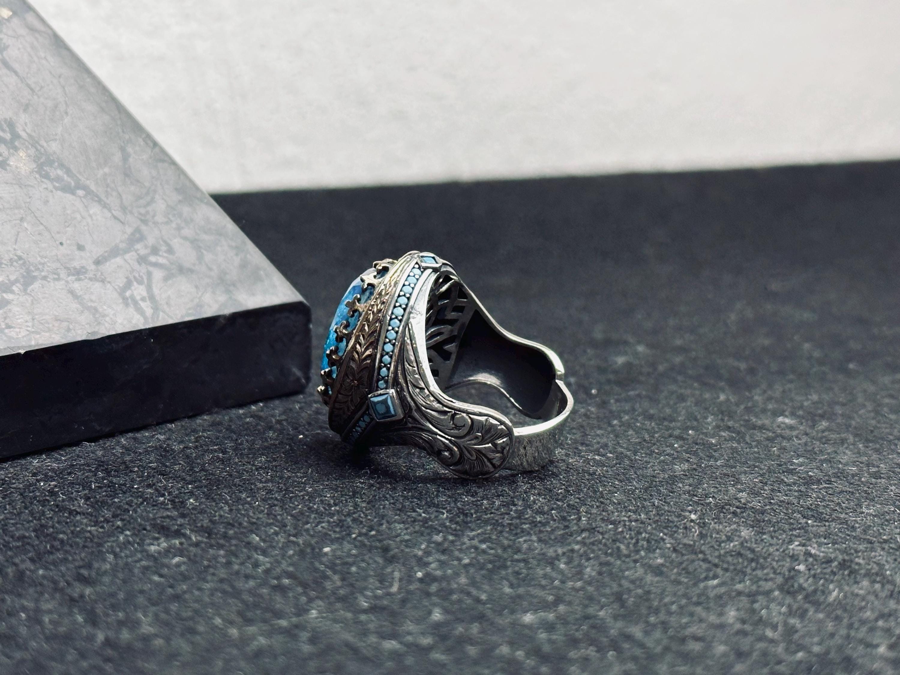 Men's Sterling Silver Signet Ring, Oval Aquamarine & Blue Paraiba (Handmade)