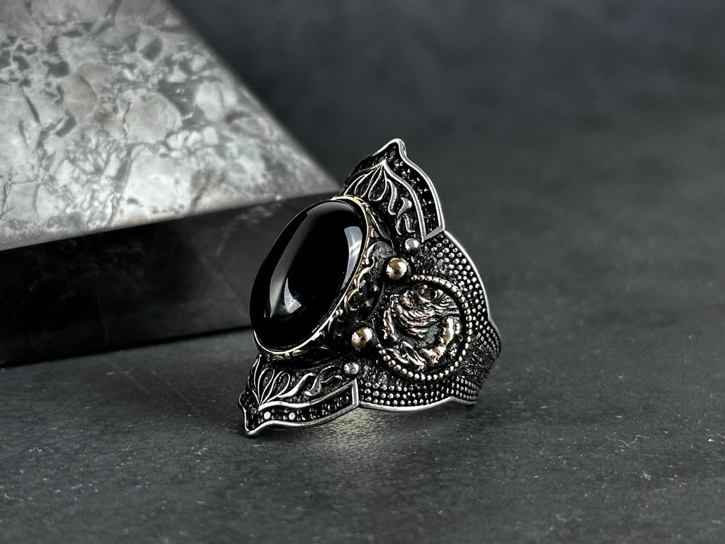 Archer Ring: Sterling Silver with Onyx Stone - Adjustable Statement Piece