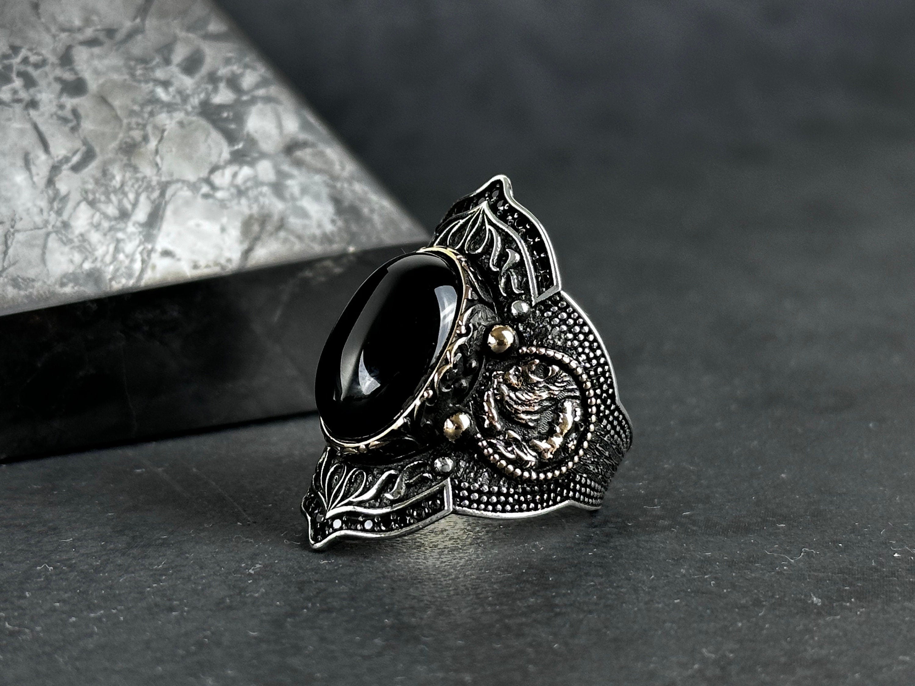 Archer Ring: Sterling Silver with Onyx Stone - Adjustable Statement Piece