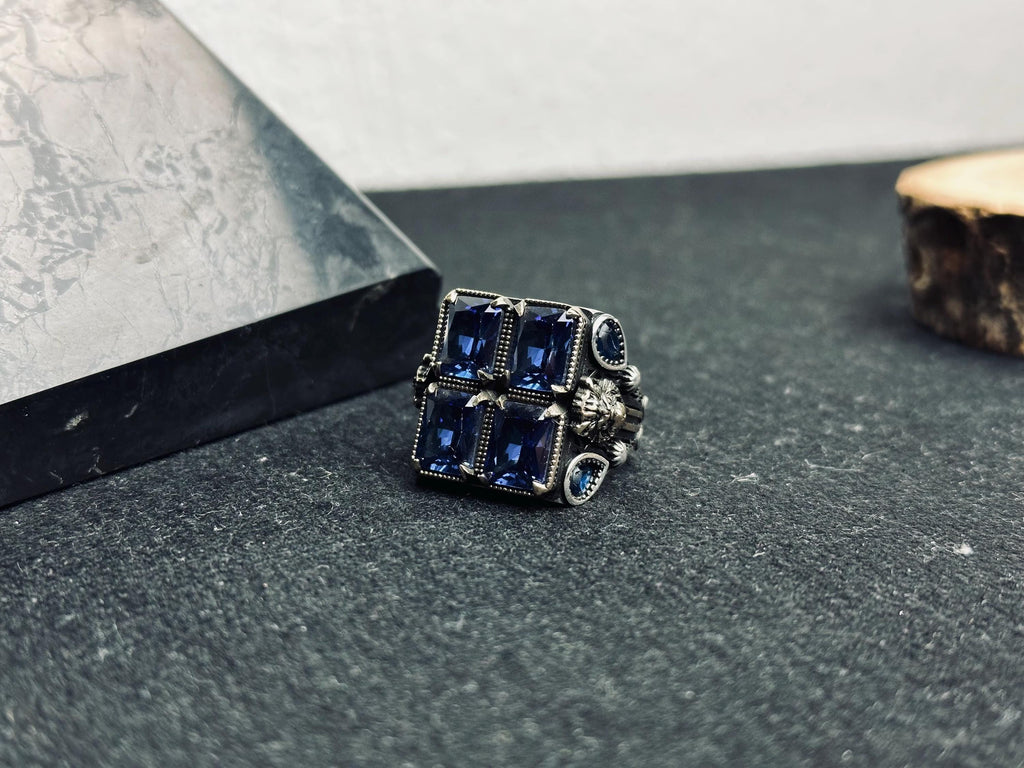 Men’s Statement Ring: Blue Zircon Stones - Handmade Sterling Silver