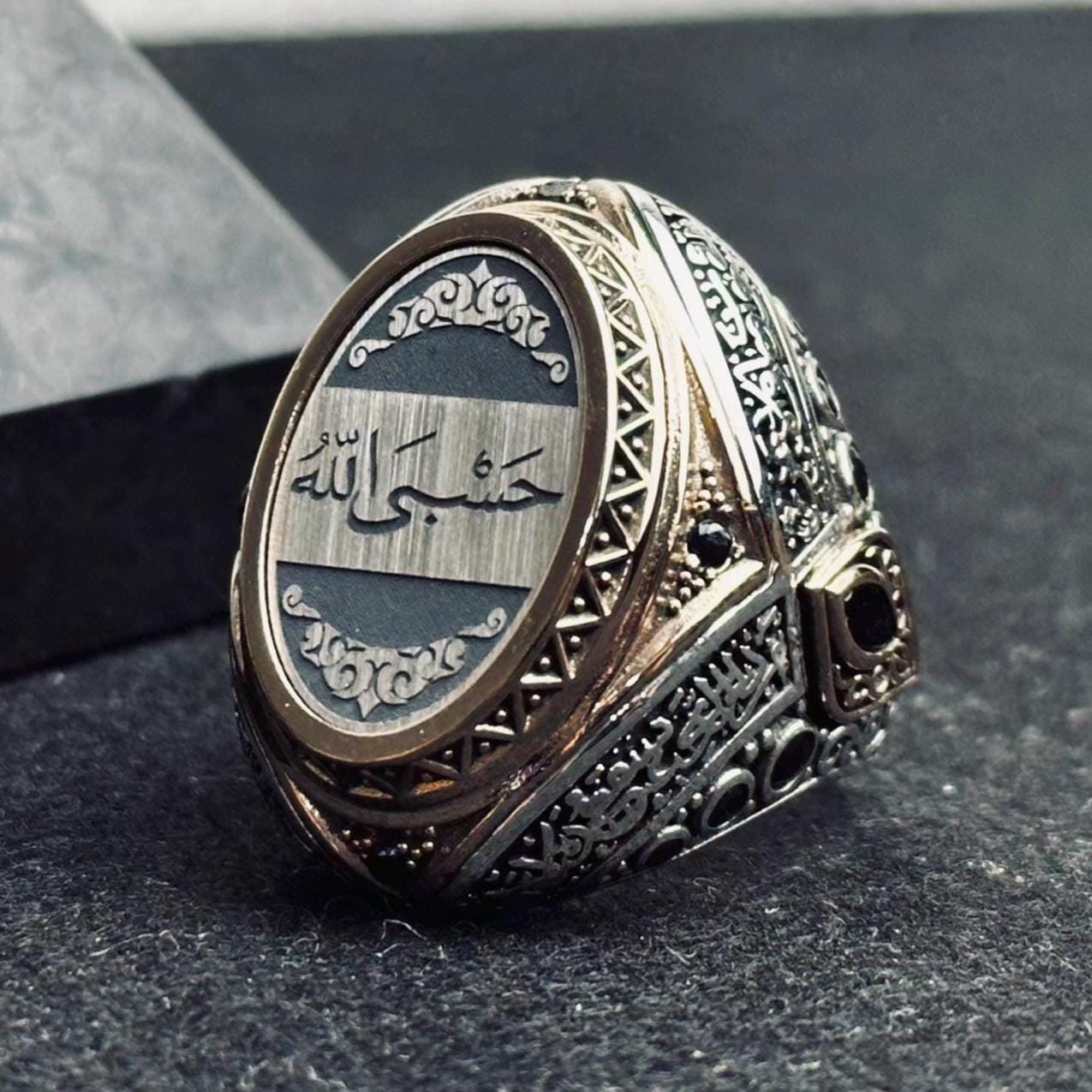 Men's Sterling Silver Ring: Arabic Engraving - Handmade Faith Design