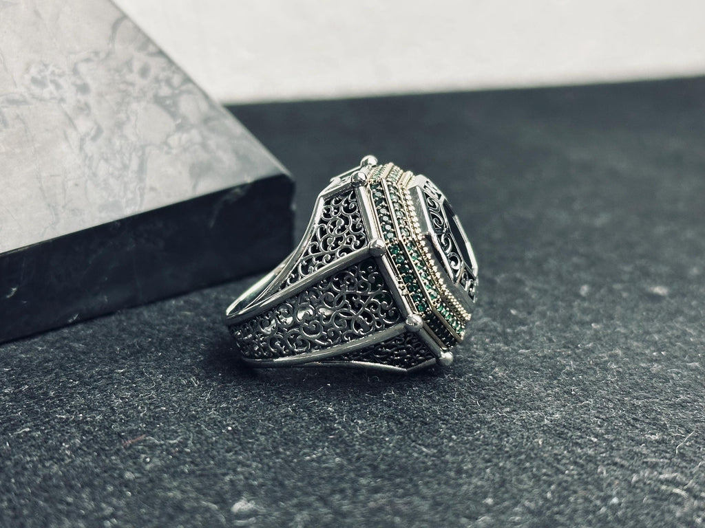 Octagon Emerald Ring, 925 Sterling Silver, Turkish Handmade Jewelry