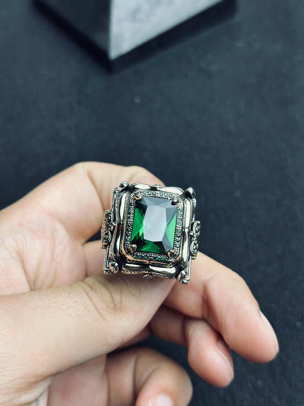 Men’s Emerald Ring: Bold Square Gem - Handmade Sterling Silver
