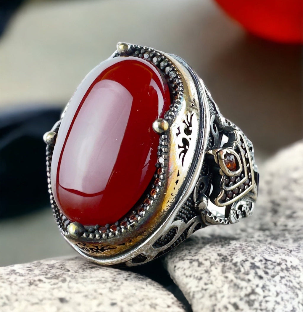 Handmade Aqeeq Silver Ring - Sterling Men's Ottoman Jewelry