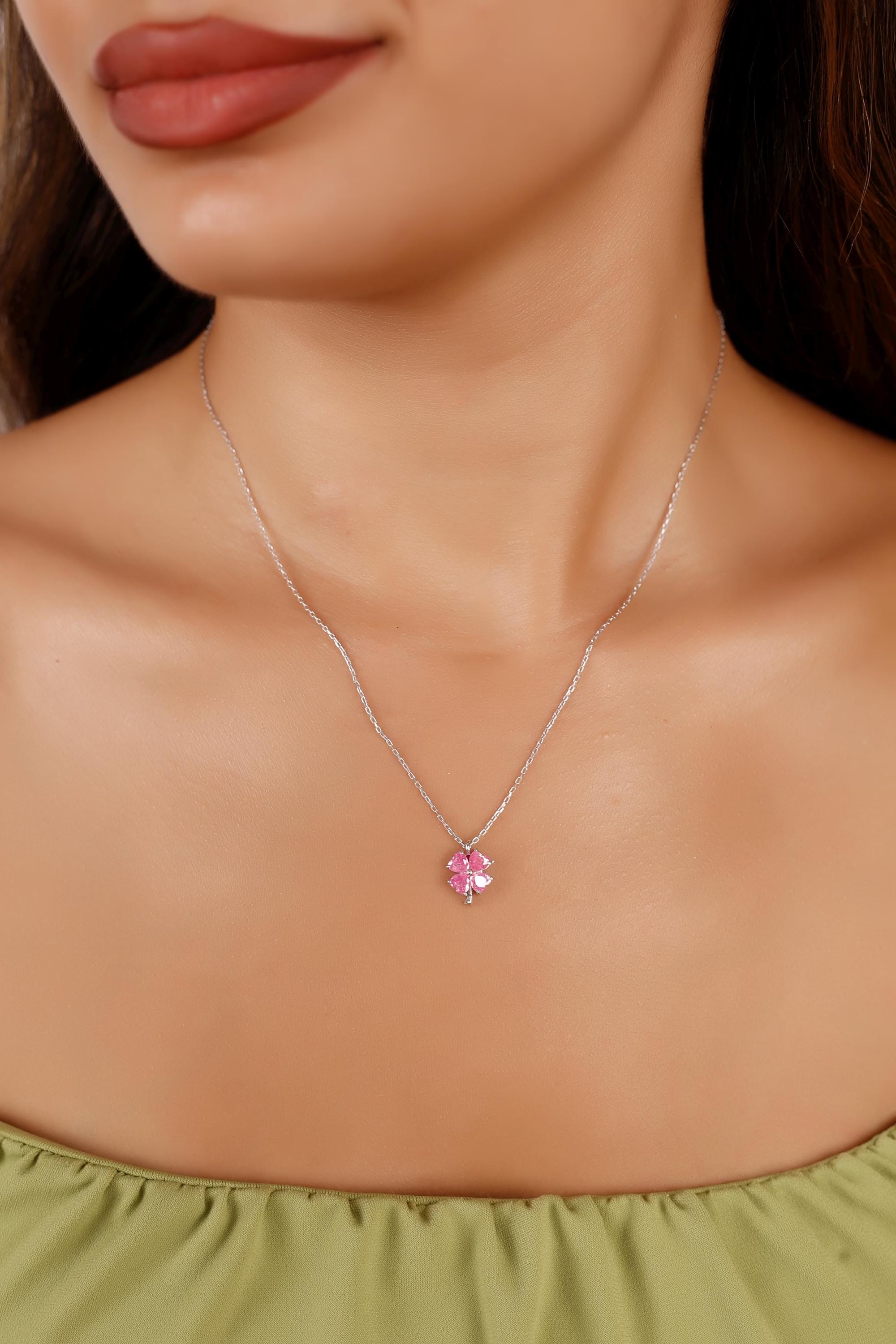 Pink Four Leaf Clover Necklace, Sterling Silver Dainty Floral Charm Jewelry