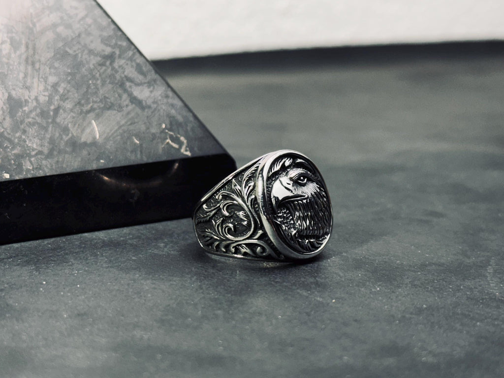 Nordic Eagle Sterling Silver Ring, Oxidized Handmade (Men's Size)