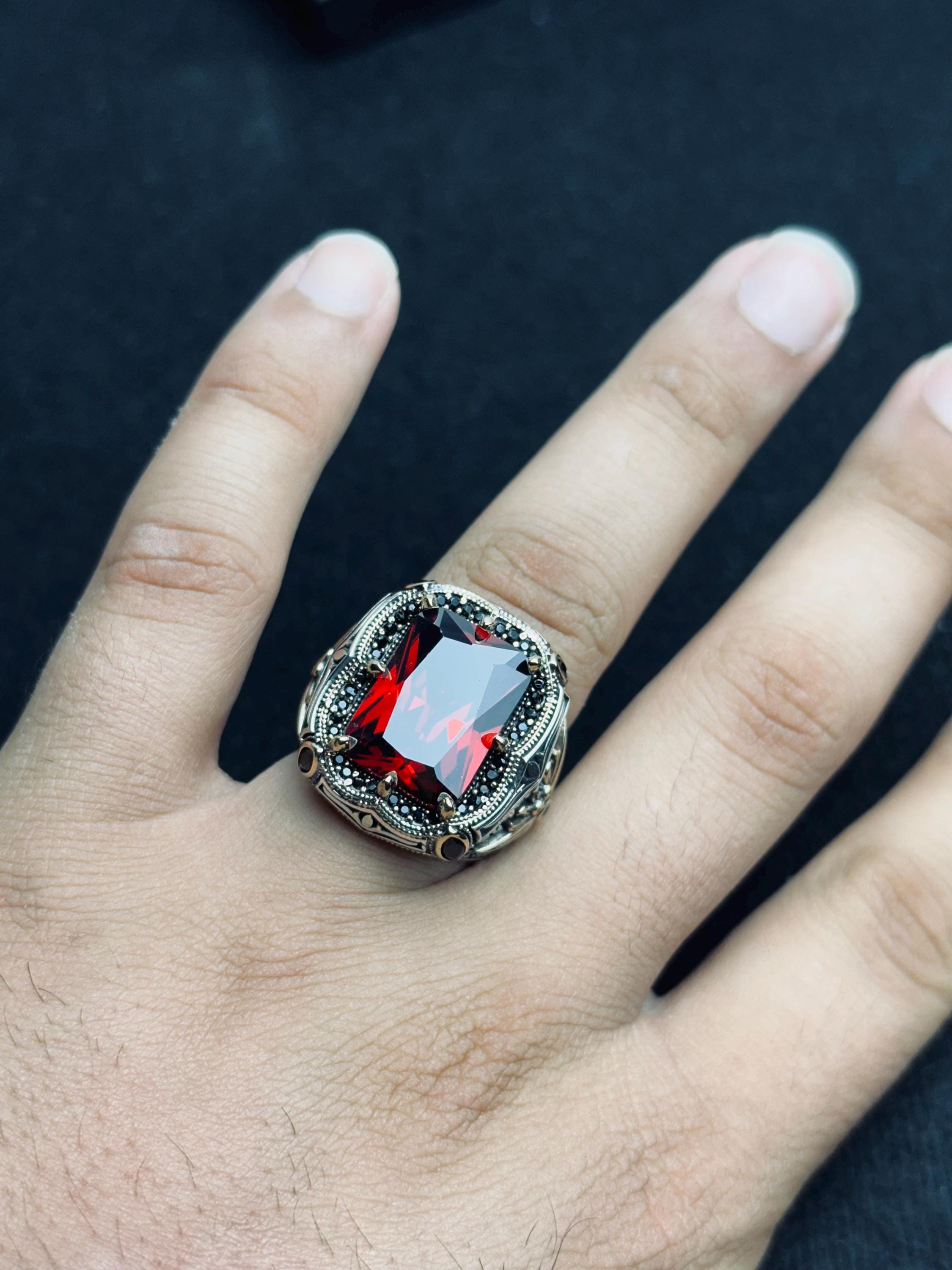 Ottoman Style Ruby Ring - Men's Sterling Silver Statement Jewelry