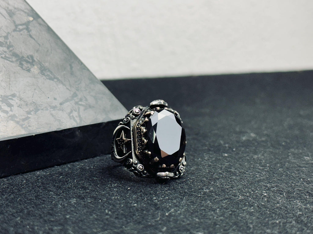 Men's Signet Ring: Black Zircon Stone - Sterling Silver