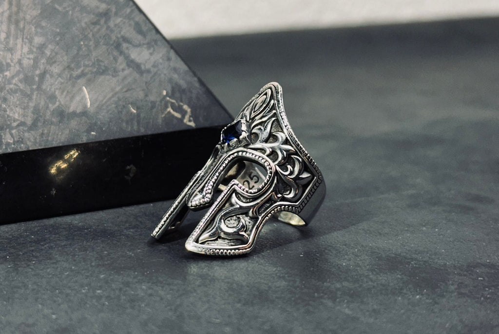 Spartan Helm Ring, Sterling Silver with Blue Zircon (Men's Size)