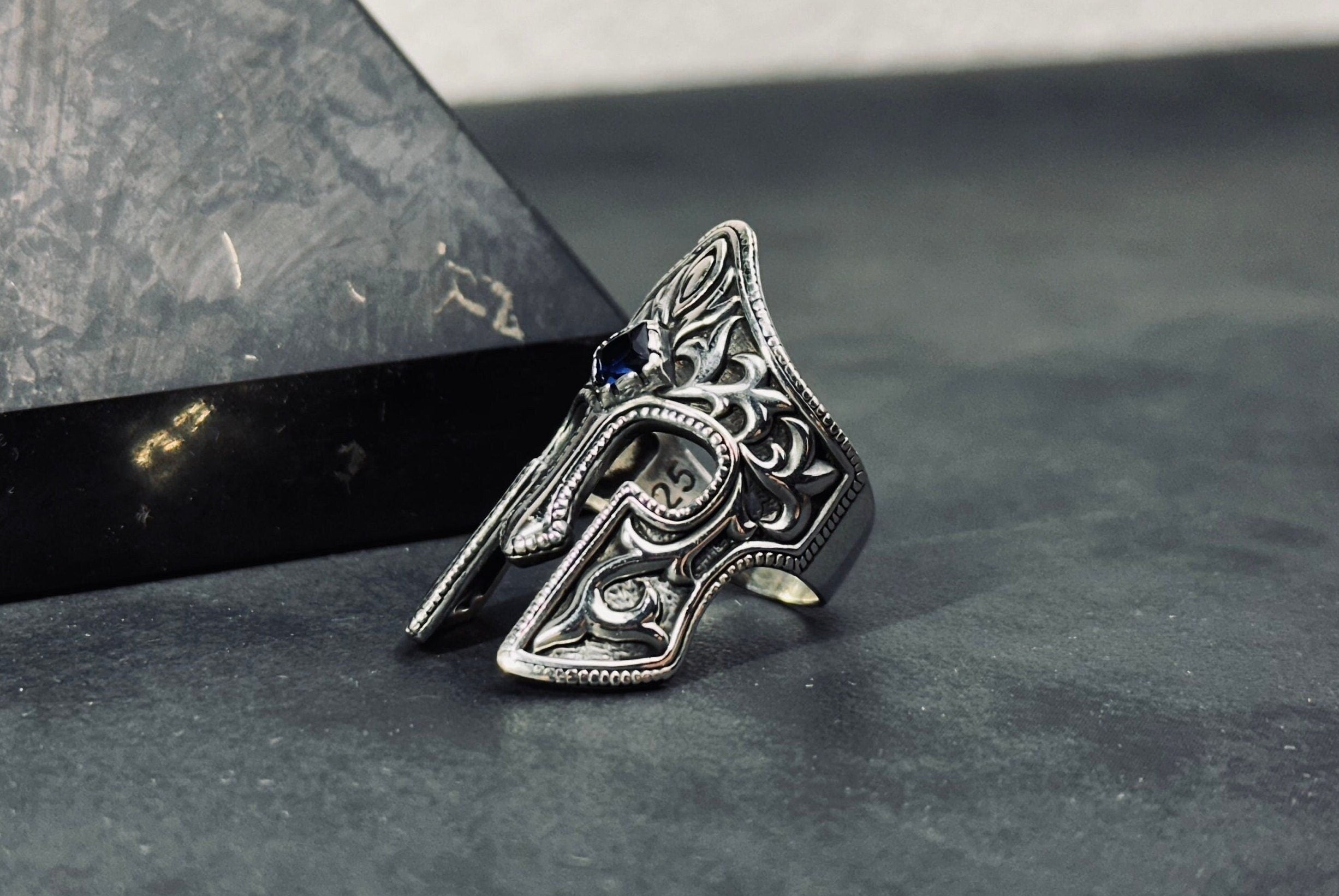 Spartan Helm Ring, Sterling Silver with Blue Zircon (Men's Size)
