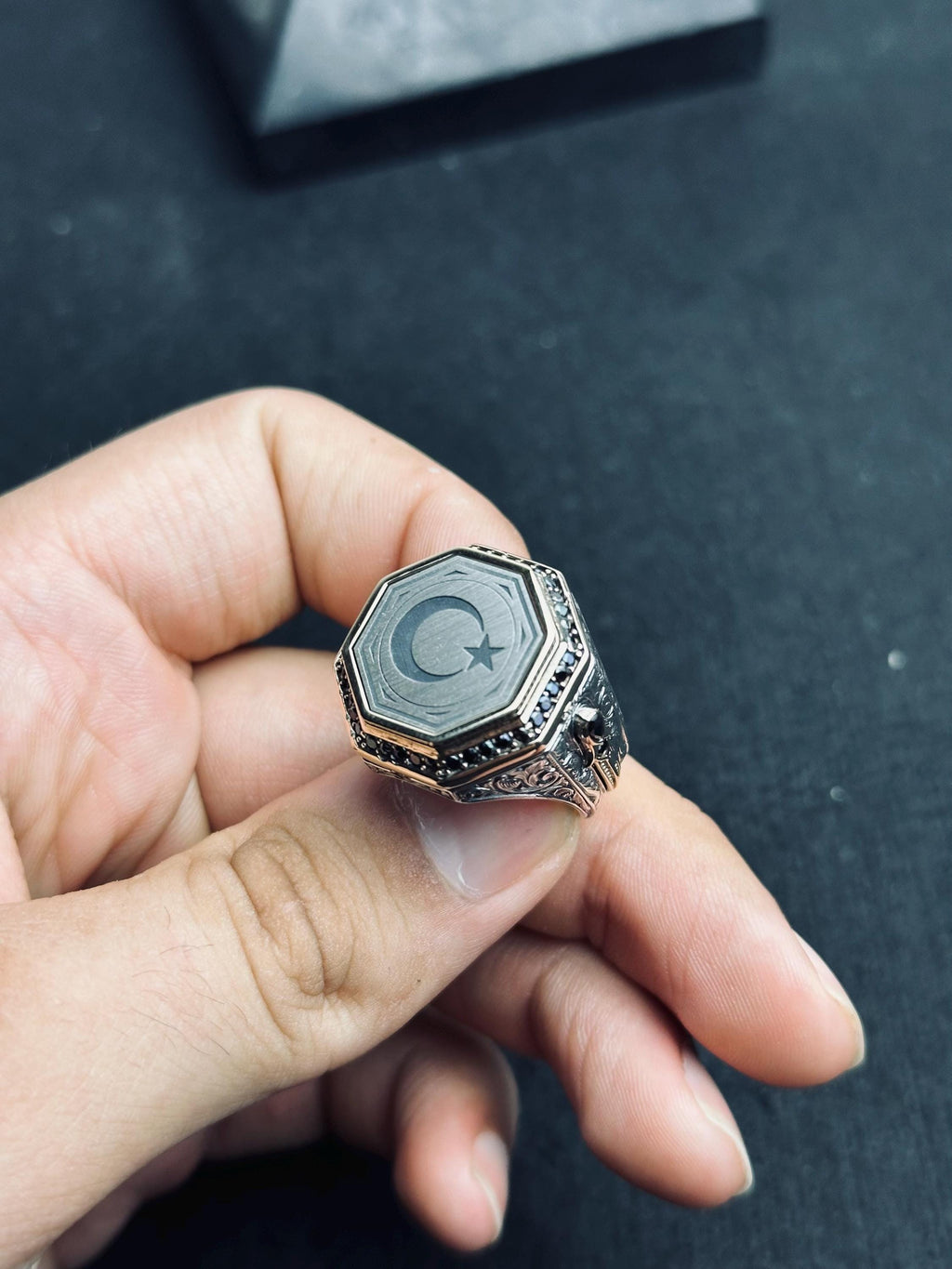 Turkish Silver Crescent-Star Ring, Ottoman Embossed (Handmade 925 Sterling)