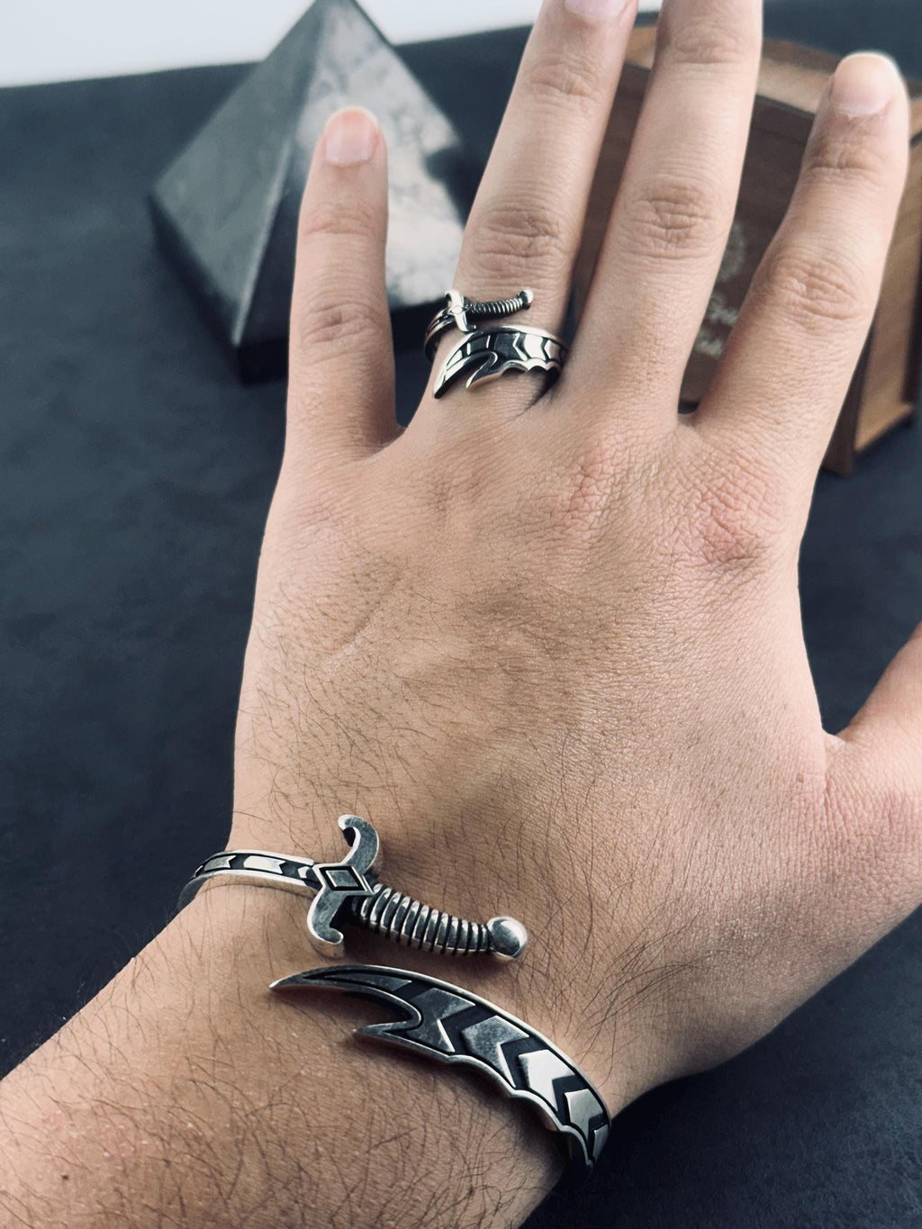 Sword Ring and Bracelet Set: Handcrafted Sterling Silver - Oxidized Finish