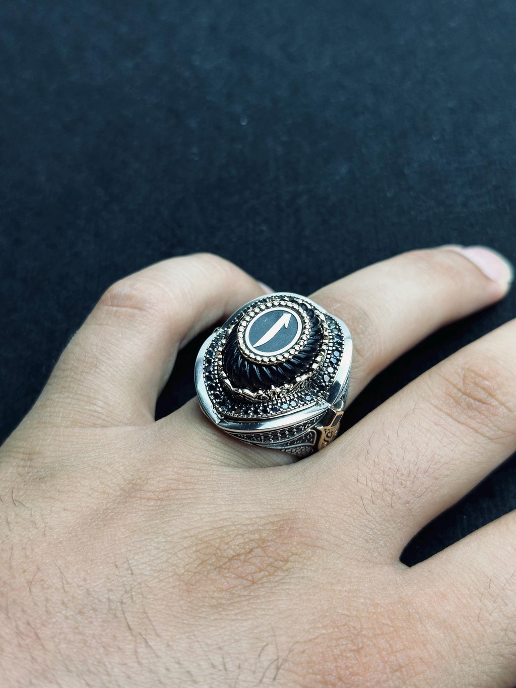 Elif Vav Signet Ring - Oval Onyx, Arabic Calligraphy