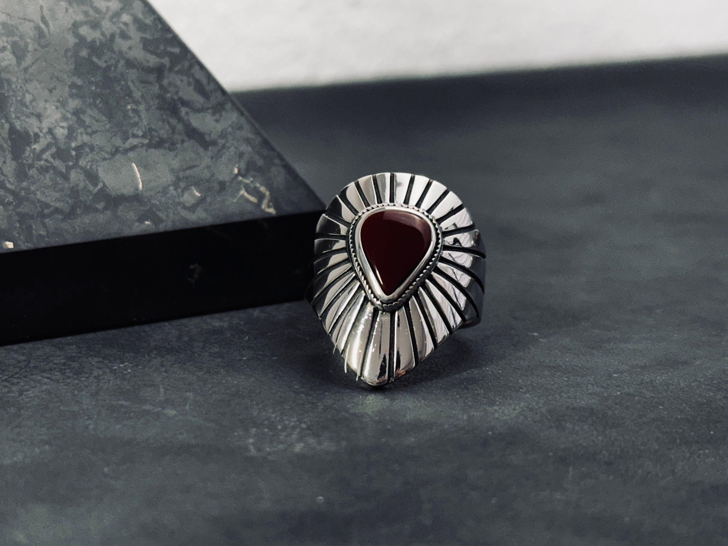 Sterling Silver Shield Ring - Red Agate Stone Detail