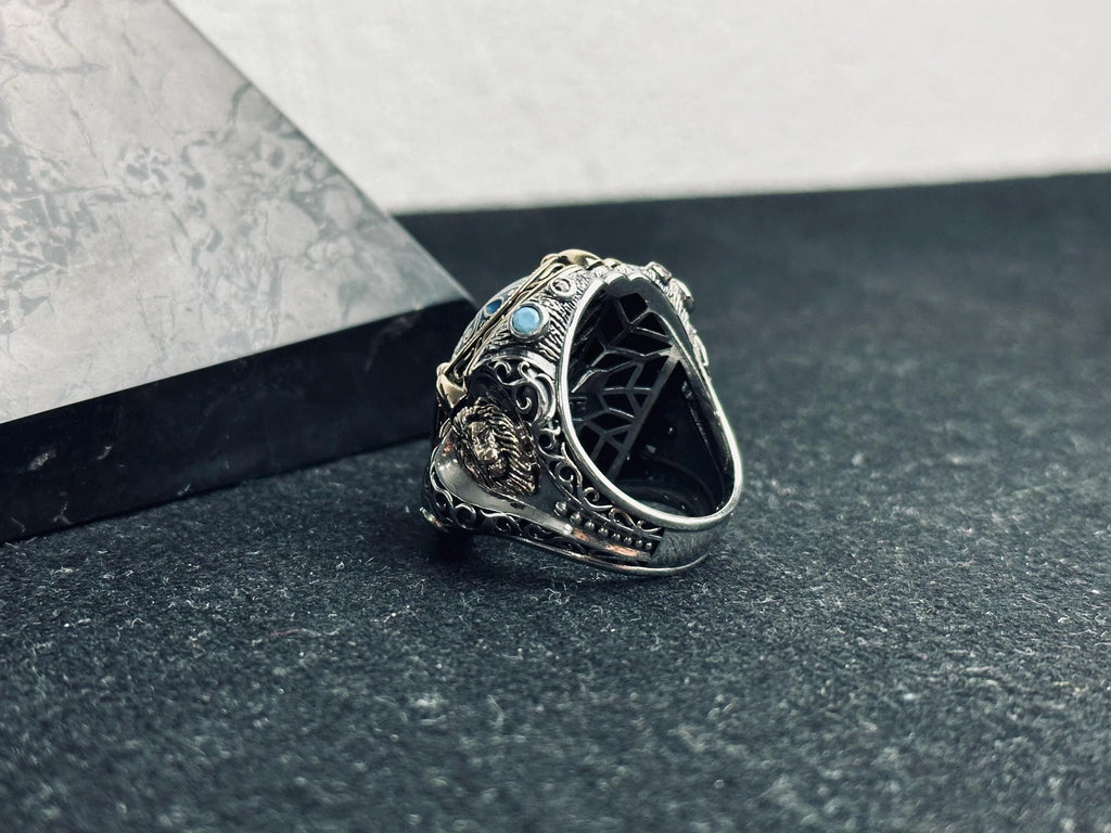 Sterling Silver Blue Stone Slice Ring, Handmade Ottoman Men Ring, Textured Signet Ring, Bold Statement Jewelry, Ramadan Gift