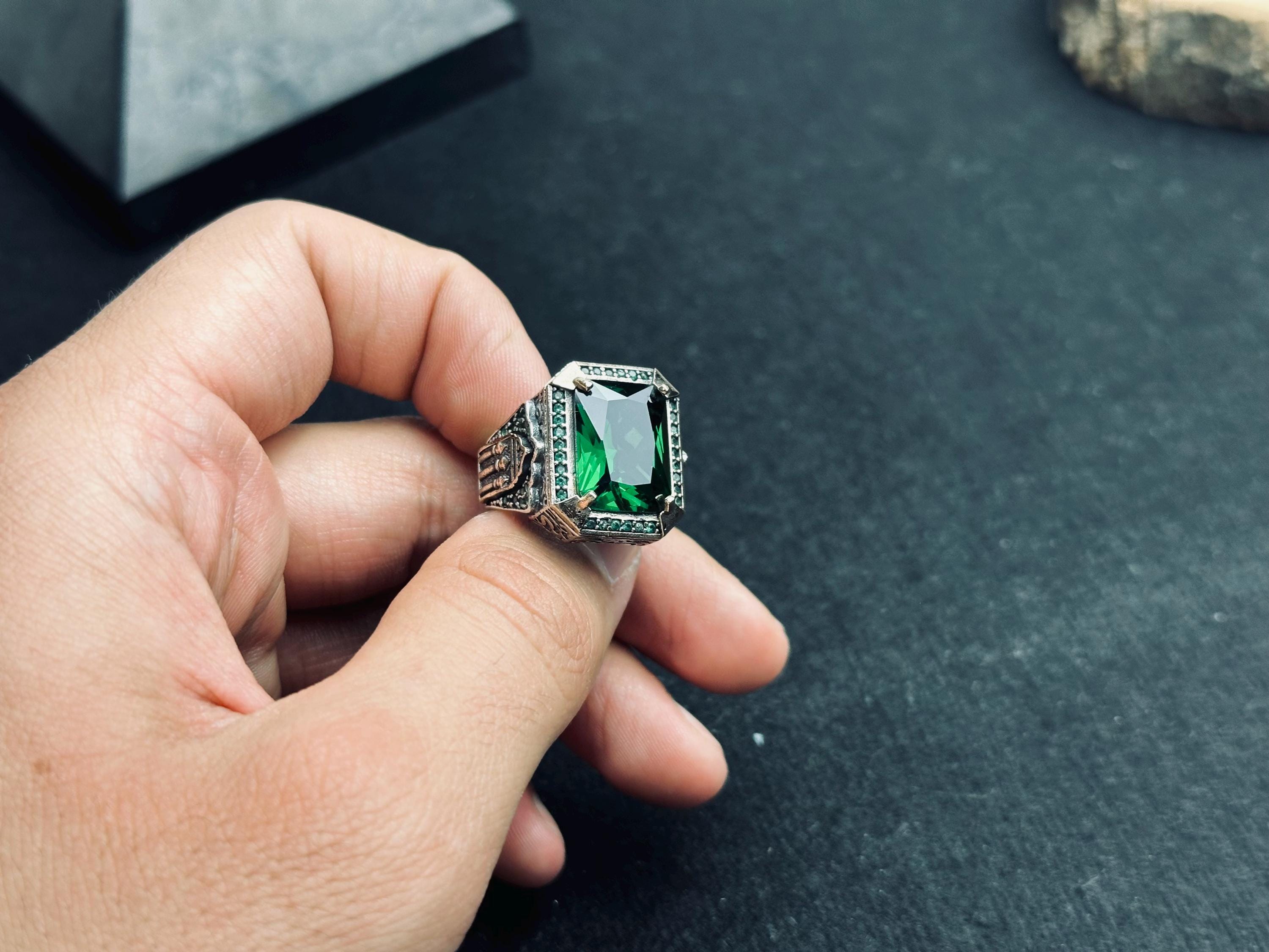 Turkish Sterling Silver Ring, Square Emerald Zircon (Men’s Statement)