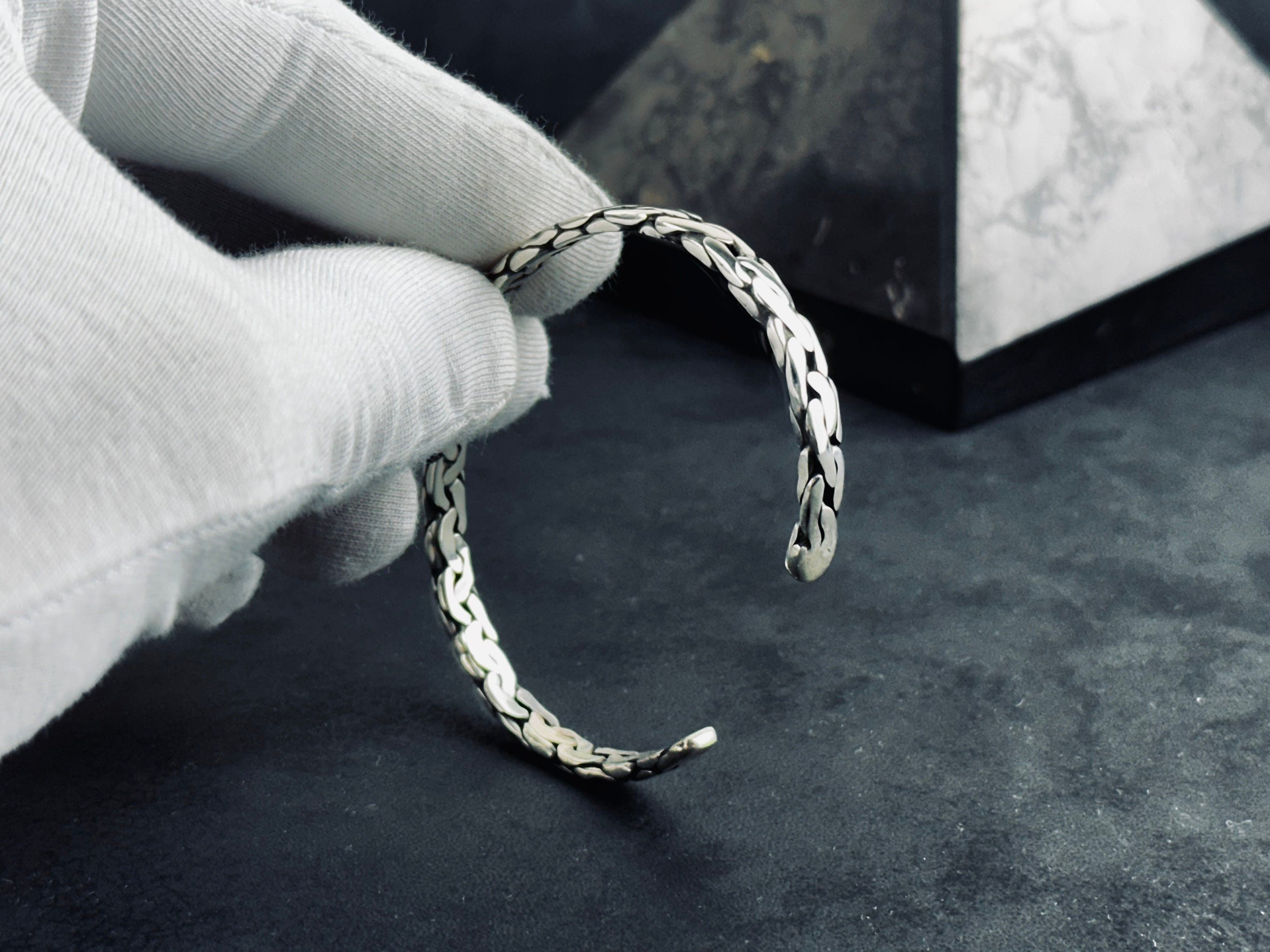Sterling Silver Bangle: Knitted Design - Handmade Adjustable Cuff