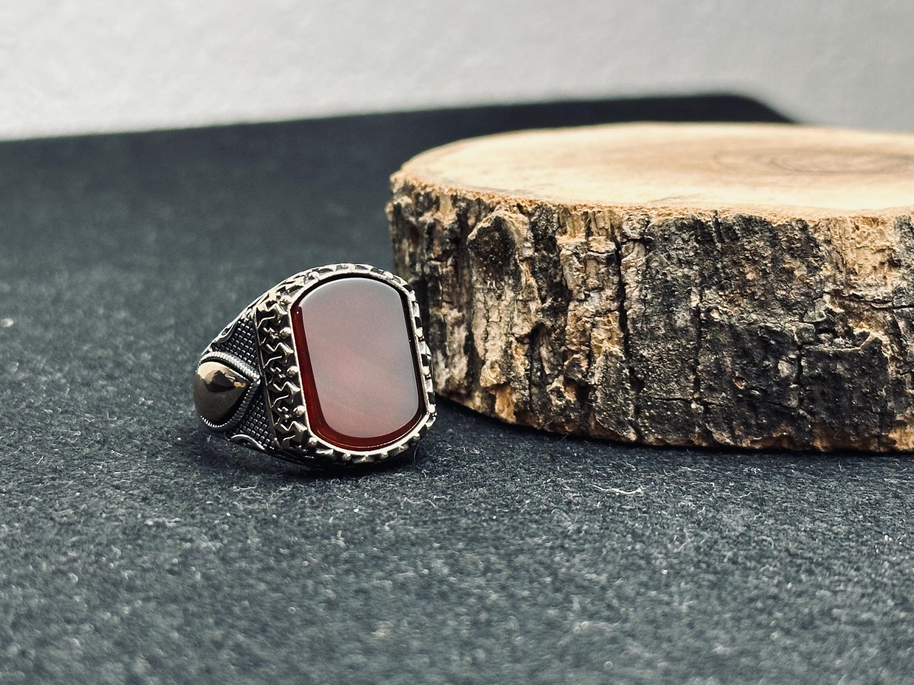 Handmade Men’s Aqeeq Ring: Square Red Stone, Sterling Silver (Artisan Jewelry)