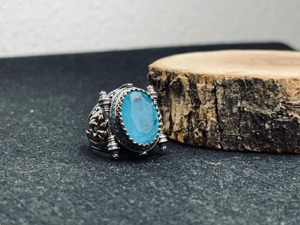 Aquamarine Signet Ring - Oval Blue Stone in Sterling Silver