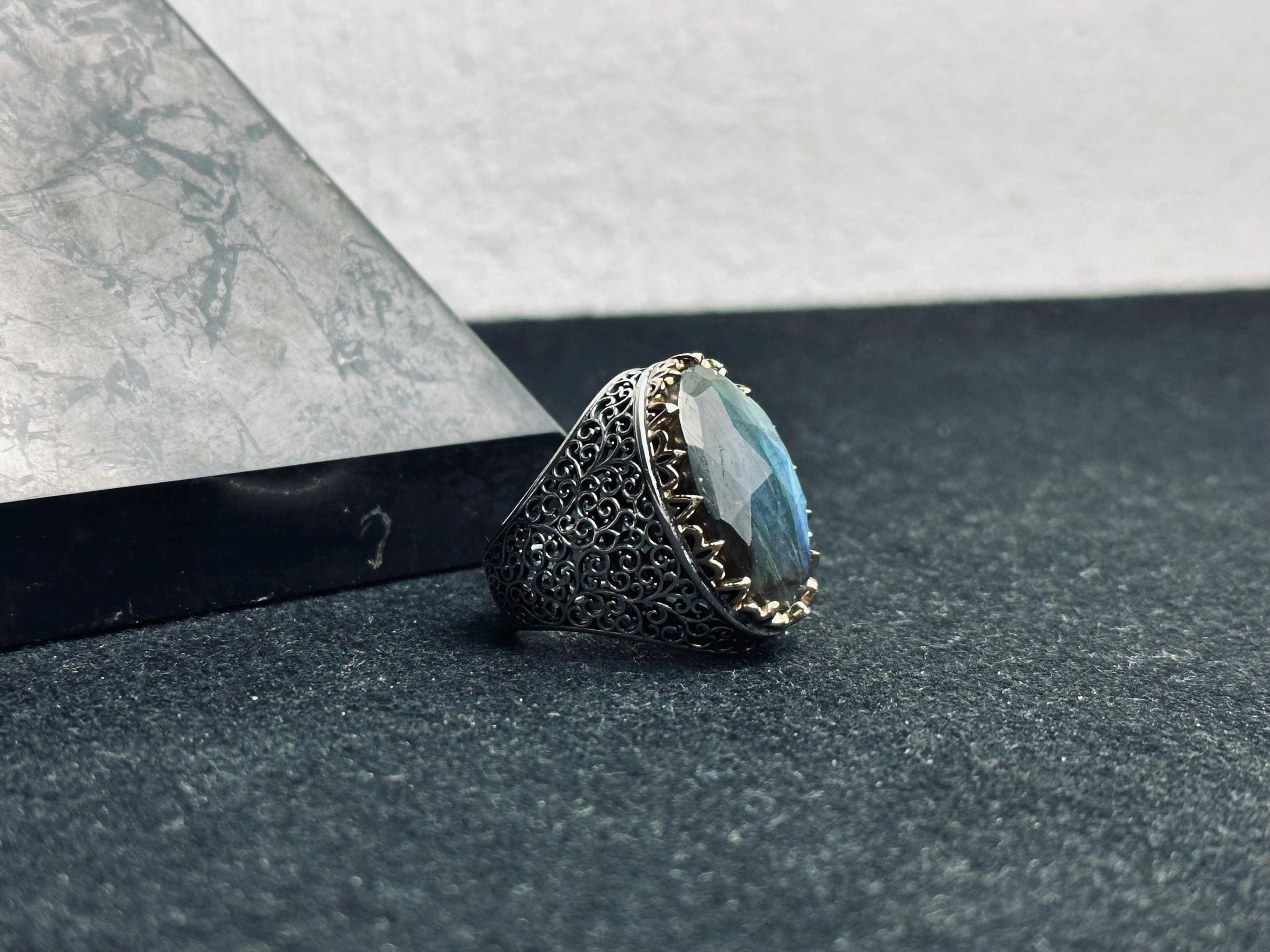 Labradorite Statement Ring: Meteorite Stone - Sterling Silver Handmade