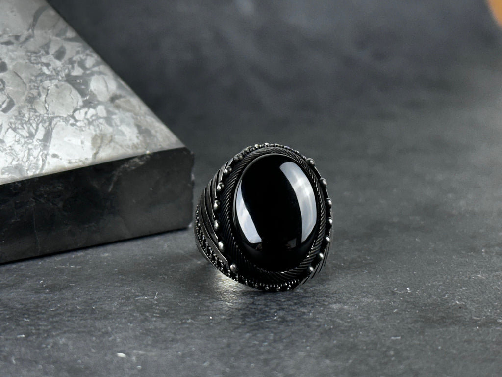 Onyx Ring: Sterling Silver Statement Jewelry (Nebula Cut Stone)