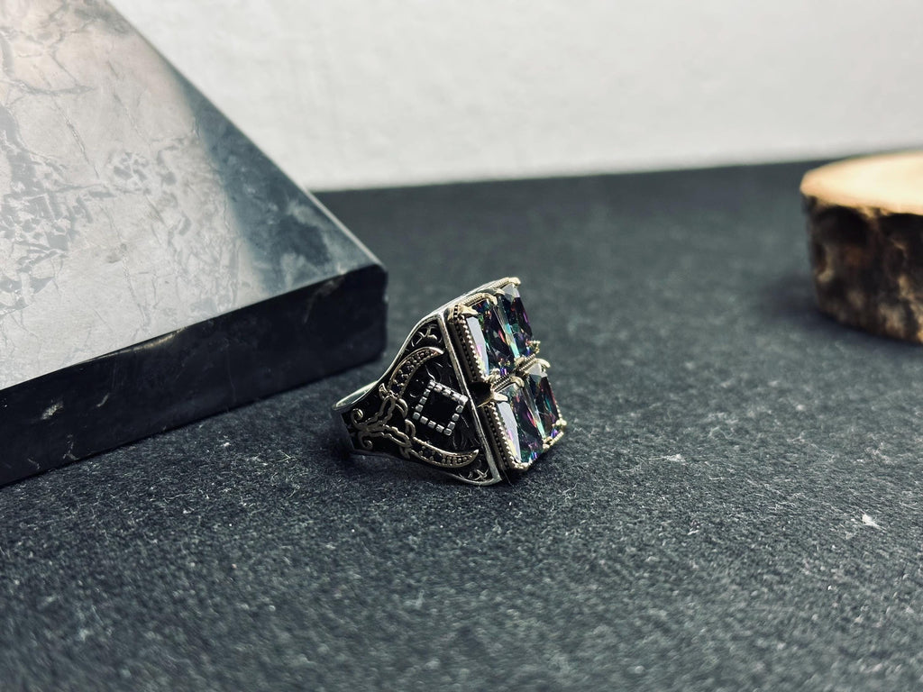 Mystic Topaz Ring: Handmade Turkish Silver (4 Stone Square)