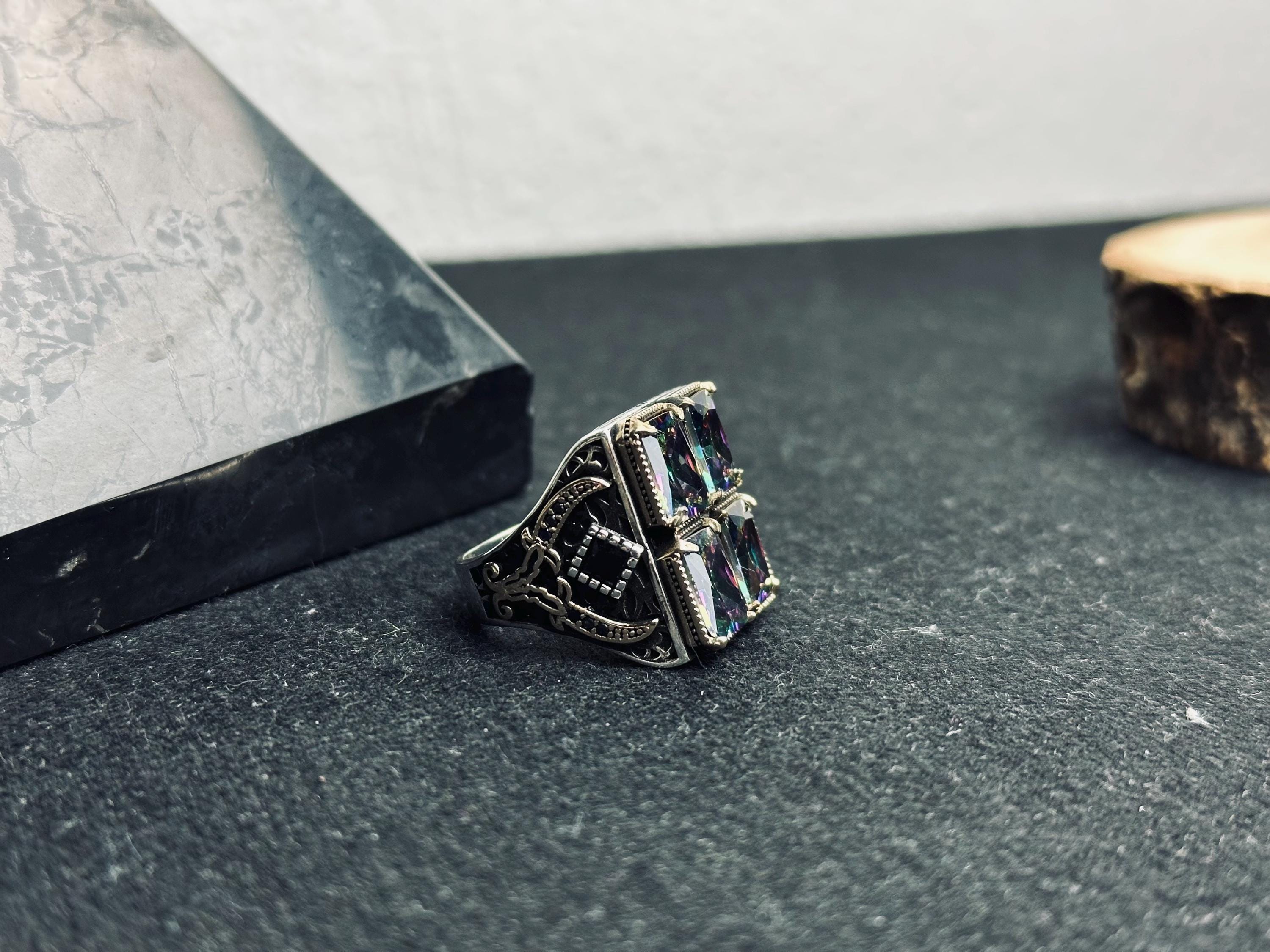 Mystic Topaz Ring: Handmade Turkish Silver (4 Stone Square)