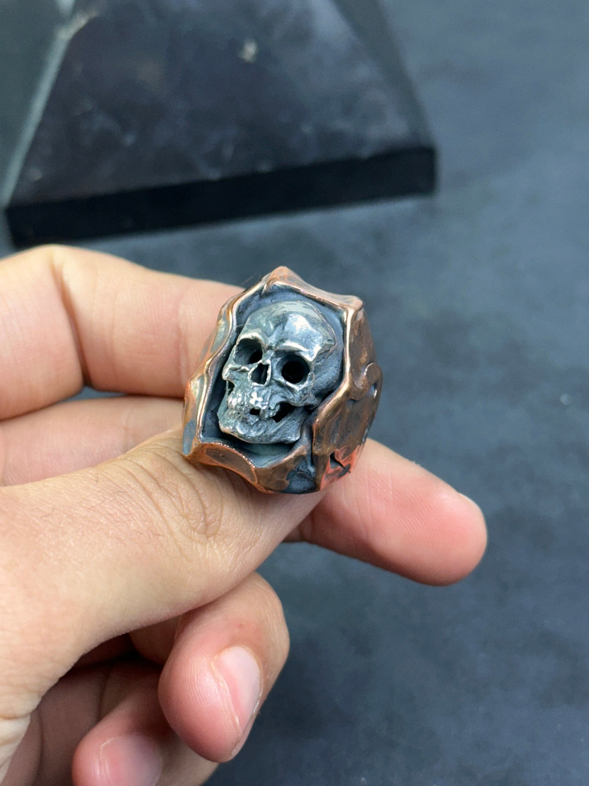 Handmade Skull Ring: Oxidized Sterling Silver (Medieval Biker Style)