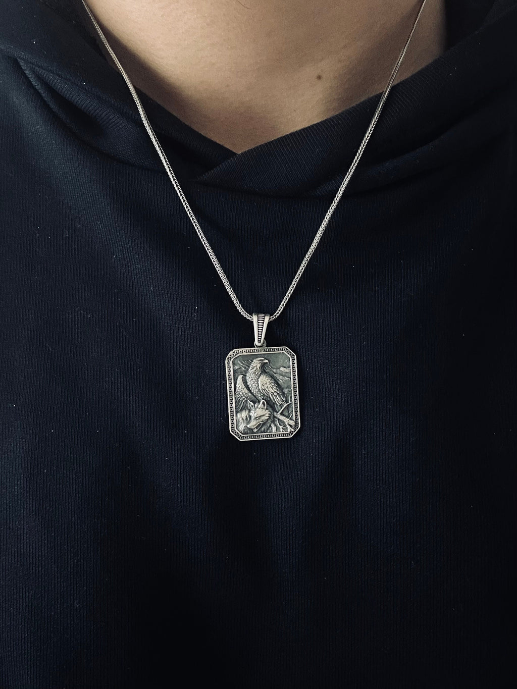 Silver Eagle Wolf Pendant Necklace: Handcrafted Statement Jewelry