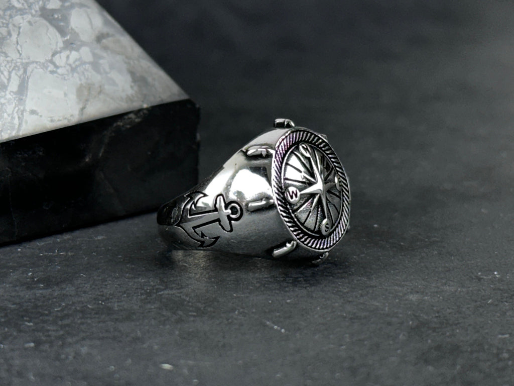 Sterling Silver Compass Ring: Sailor Design - Engraved Anchor Detail