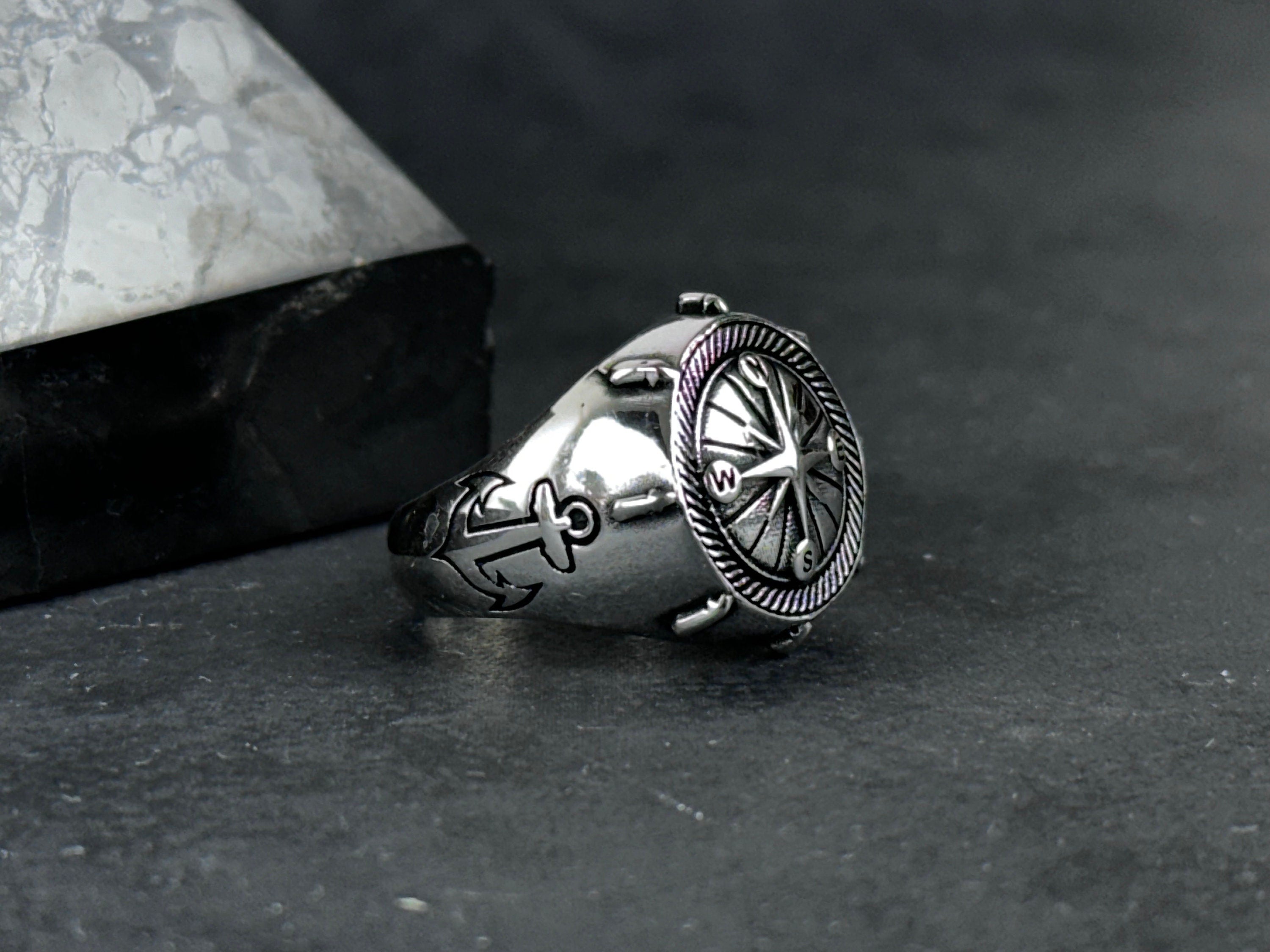 Sterling Silver Compass Ring: Sailor Design - Engraved Anchor Detail