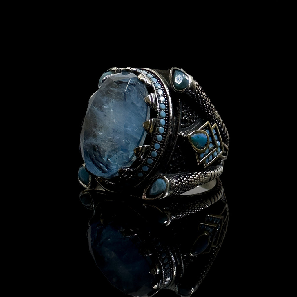 Paraiba Tourmaline  Mens Ring - Sterling Silver, Handmade with Eagle Motif