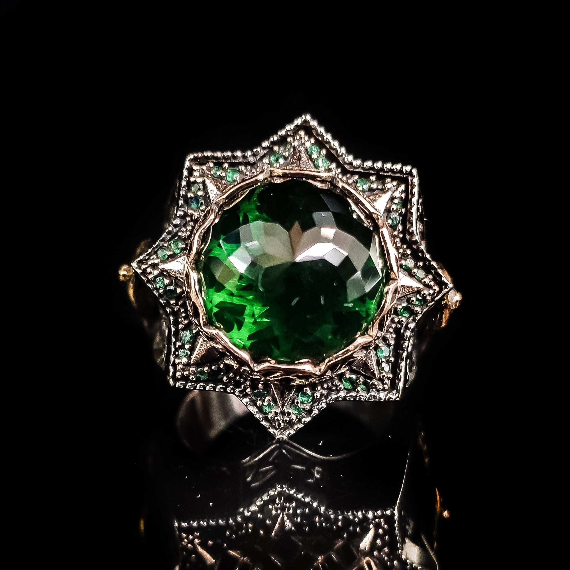 Green Zircon Silver Ring - Ottoman Embroidered Helmet Style