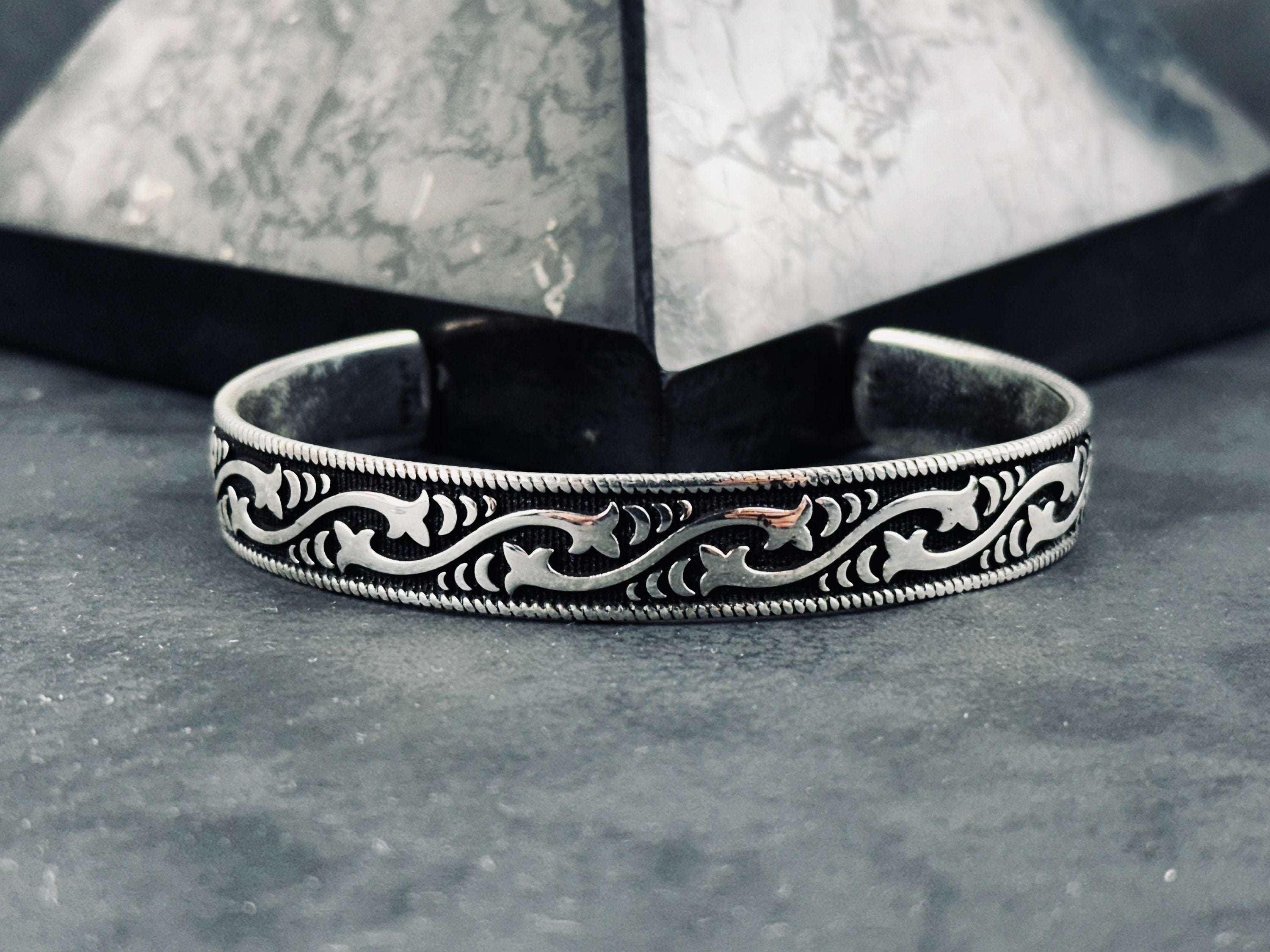 Sterling Silver Cuff Bracelet, Embroidered Pattern Handmade (Adjustable Size)