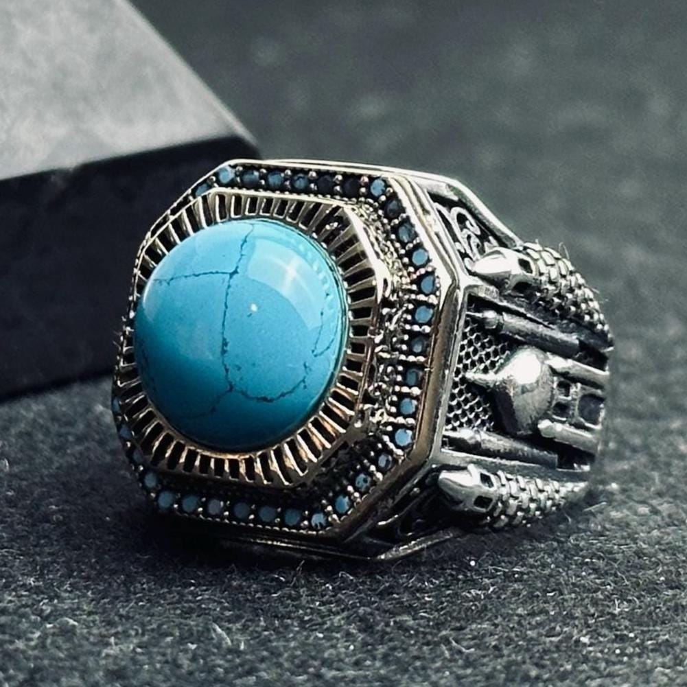Turquoise Men's Ring: Mosque Engraved Sterling Silver Statement