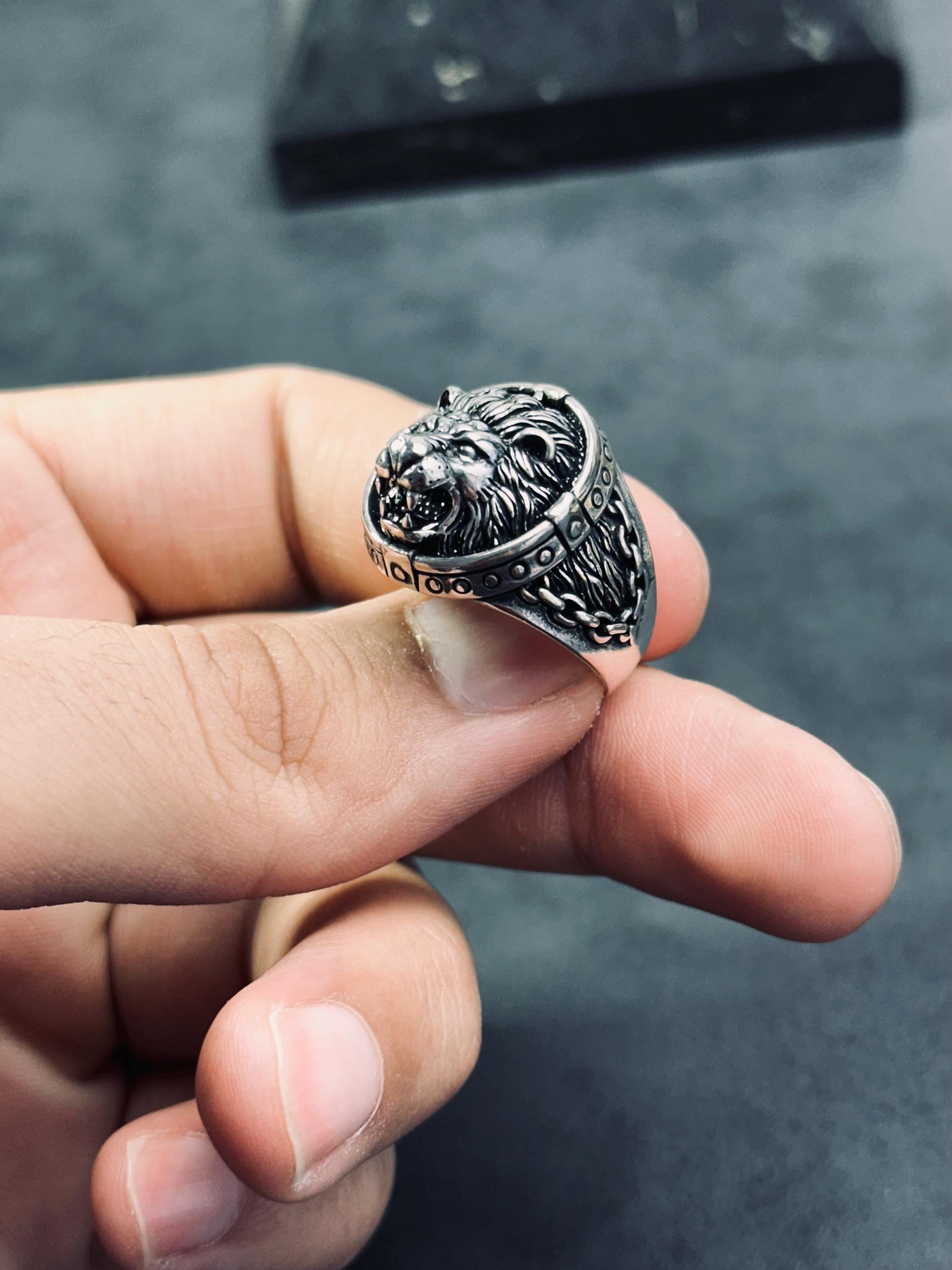 Sterling Silver Lion Ring, Handmade Oxidized Design (Men's Size)
