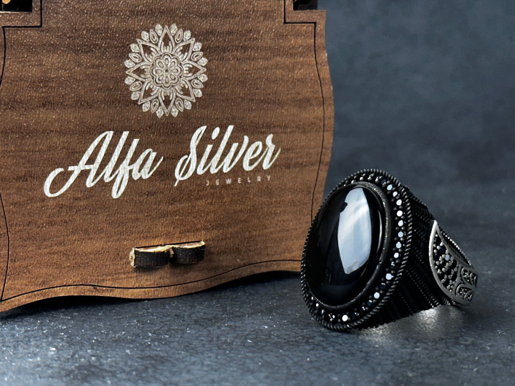 Handmade Silver Onyx Ring - Solid Sterling with Zircon Accent