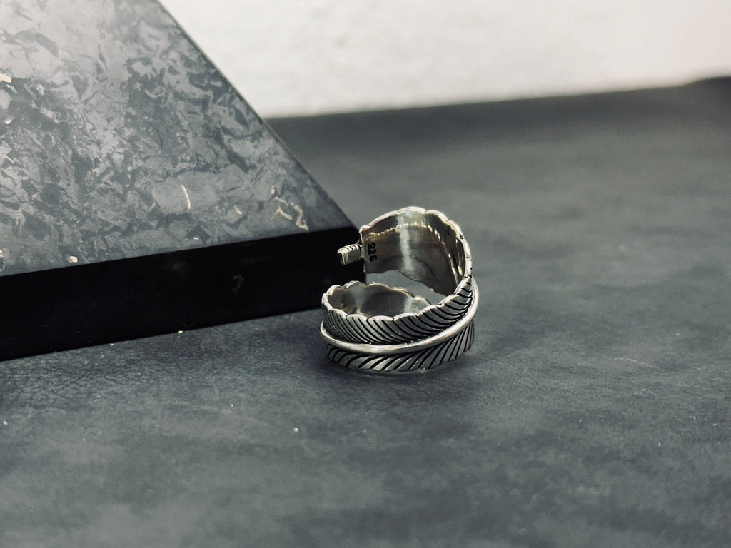 Feather Ring: Sterling Silver Adjustable Design (Engraved, Handmade)