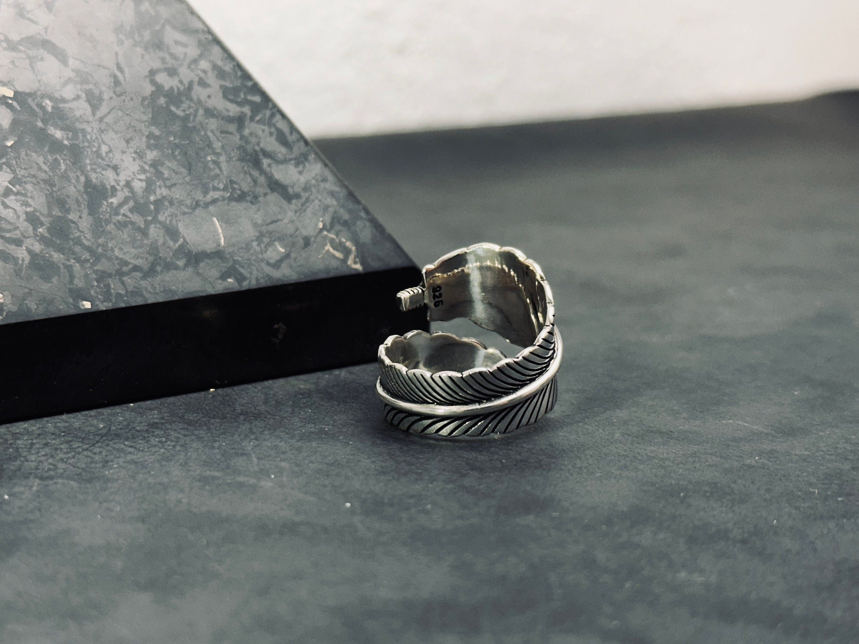 Feather Ring: Sterling Silver Adjustable Design (Engraved, Handmade)