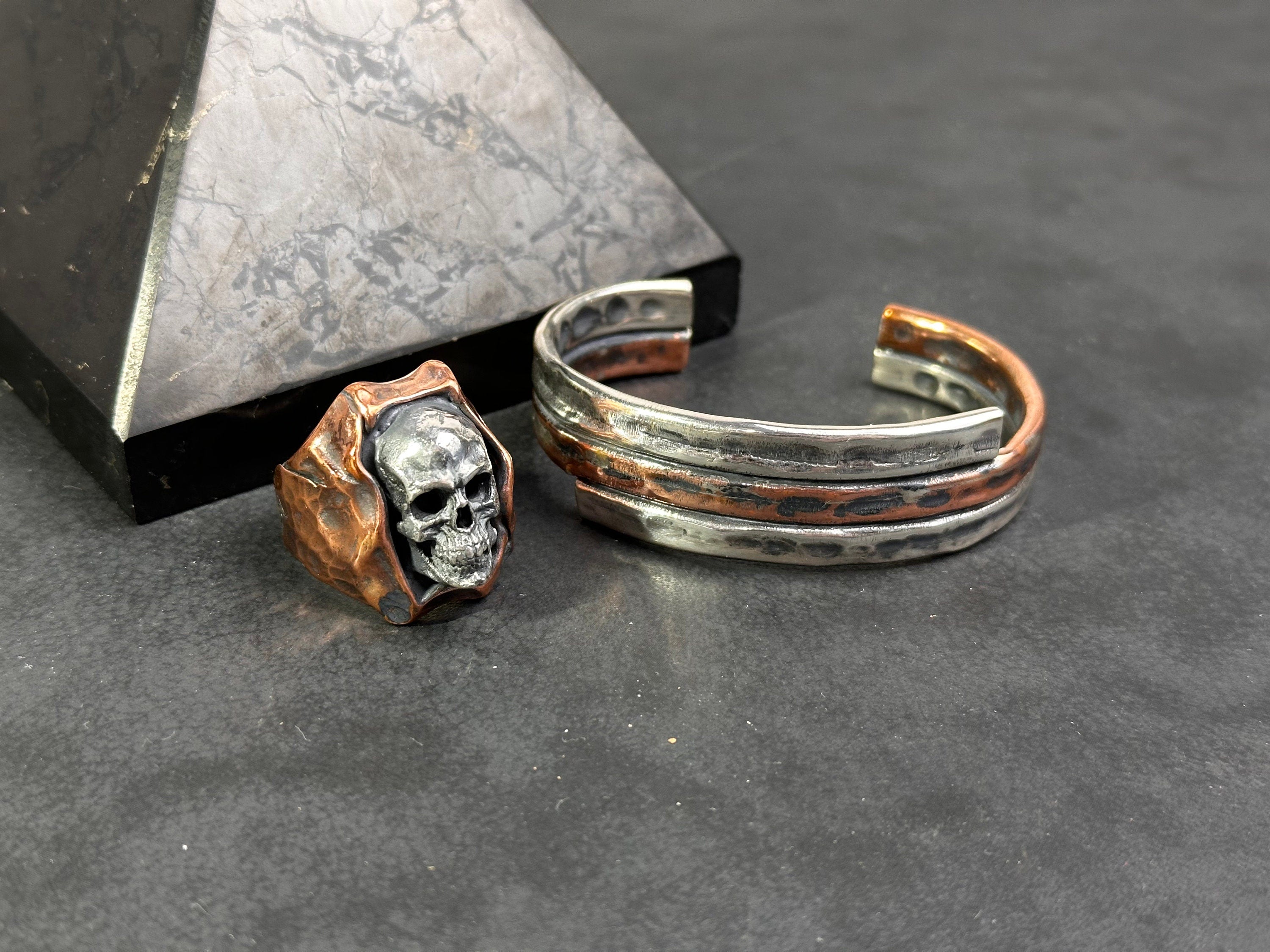 Skull Punk Silver Ring and Bracelet Set (Handmade, Chunky Style)