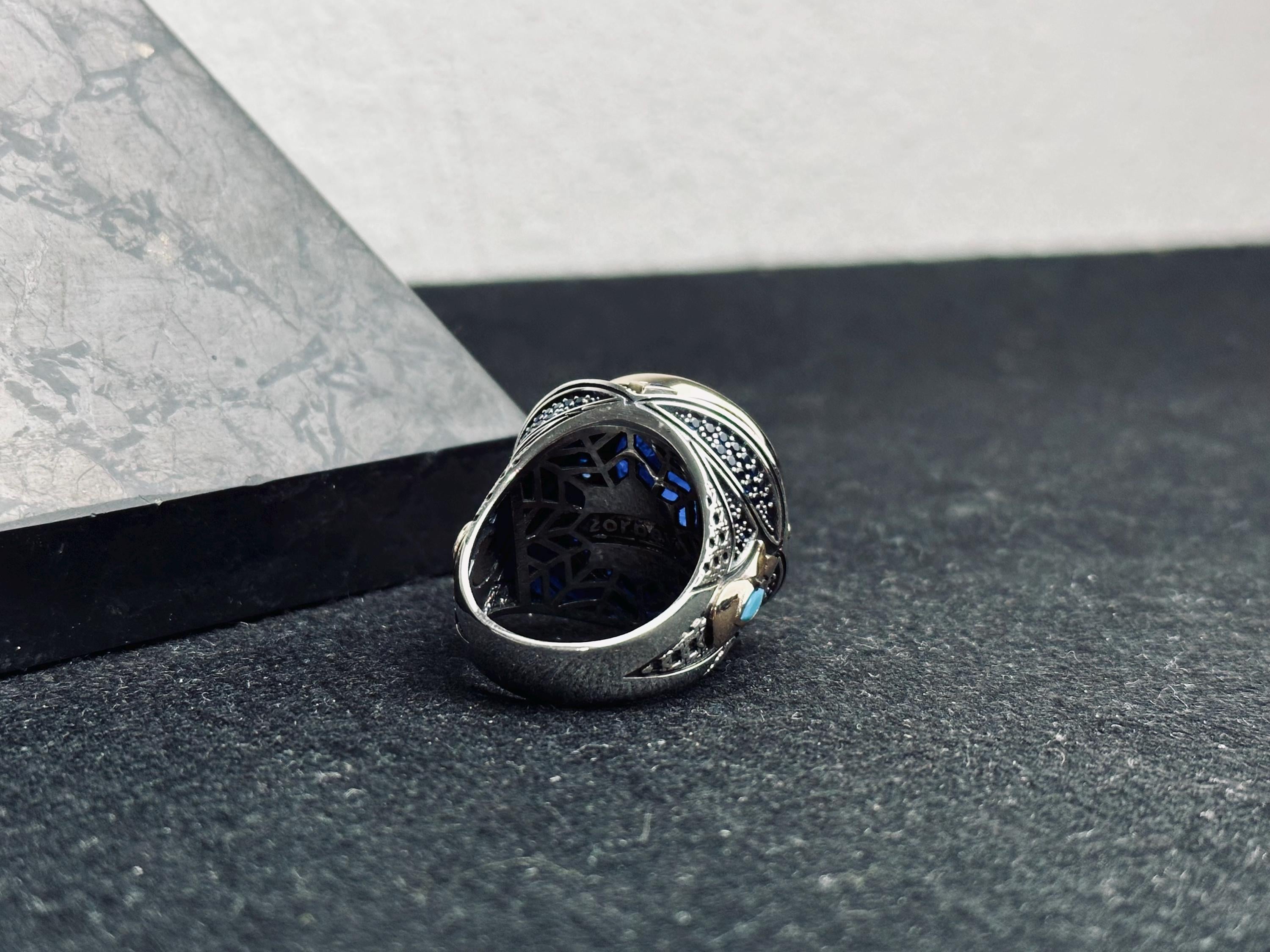 Men's Sterling Silver Ring: Blue Zircon Stone - Handmade Turkish Design