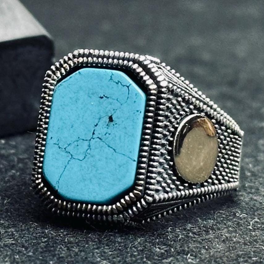 Turquoise Statement Ring - Sterling Silver, Engraved Design