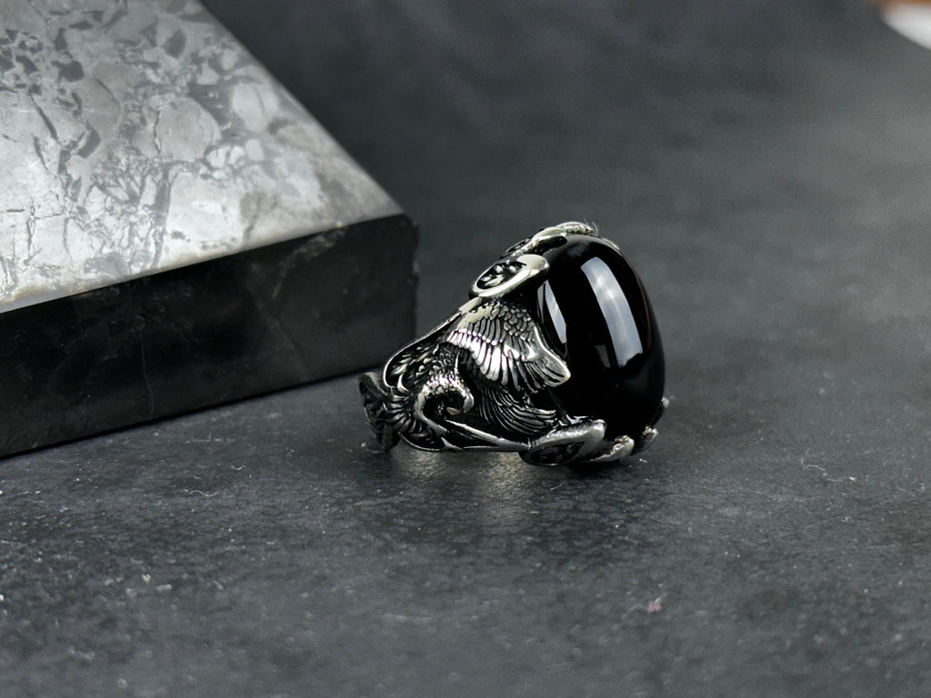 Men's Sterling Silver Ring, Majestic Eagle, Onyx Gemstone (Statement Jewelry)