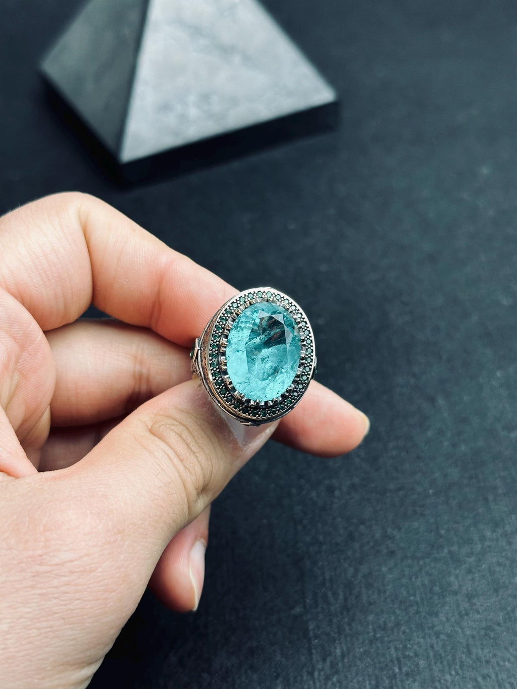 Oval Aquamarine Ring for Men - Sterling Silver Lion Head Signet