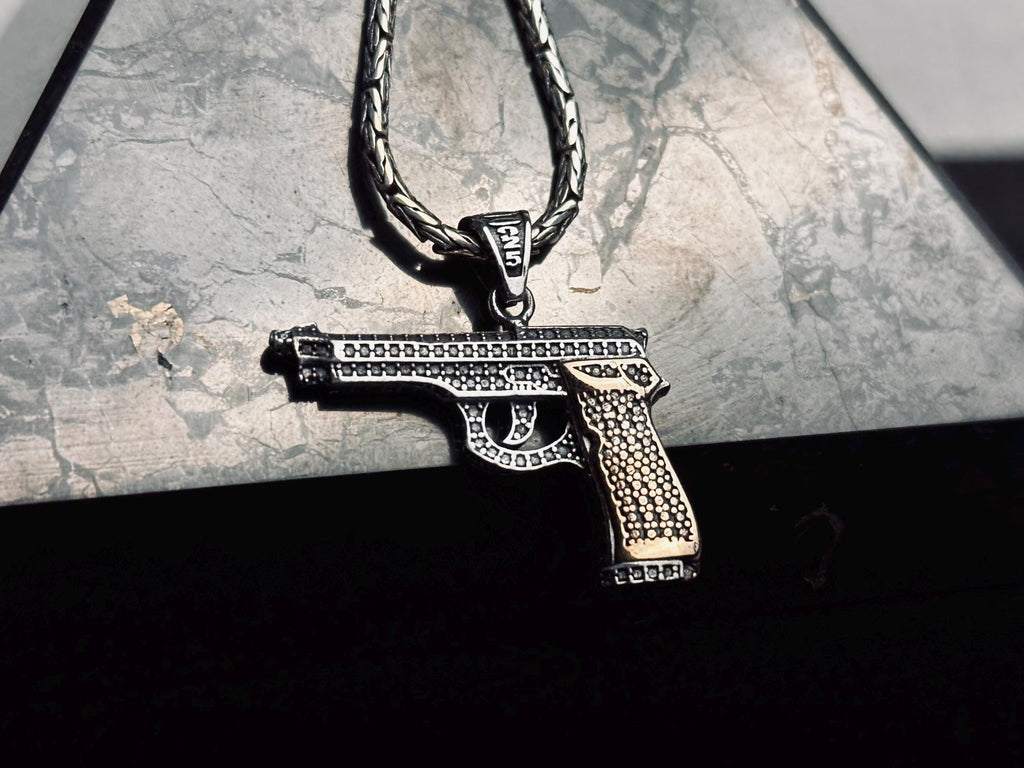 Gun Necklace: Men's Silver Pendant Jewelry (Chain Length Options)