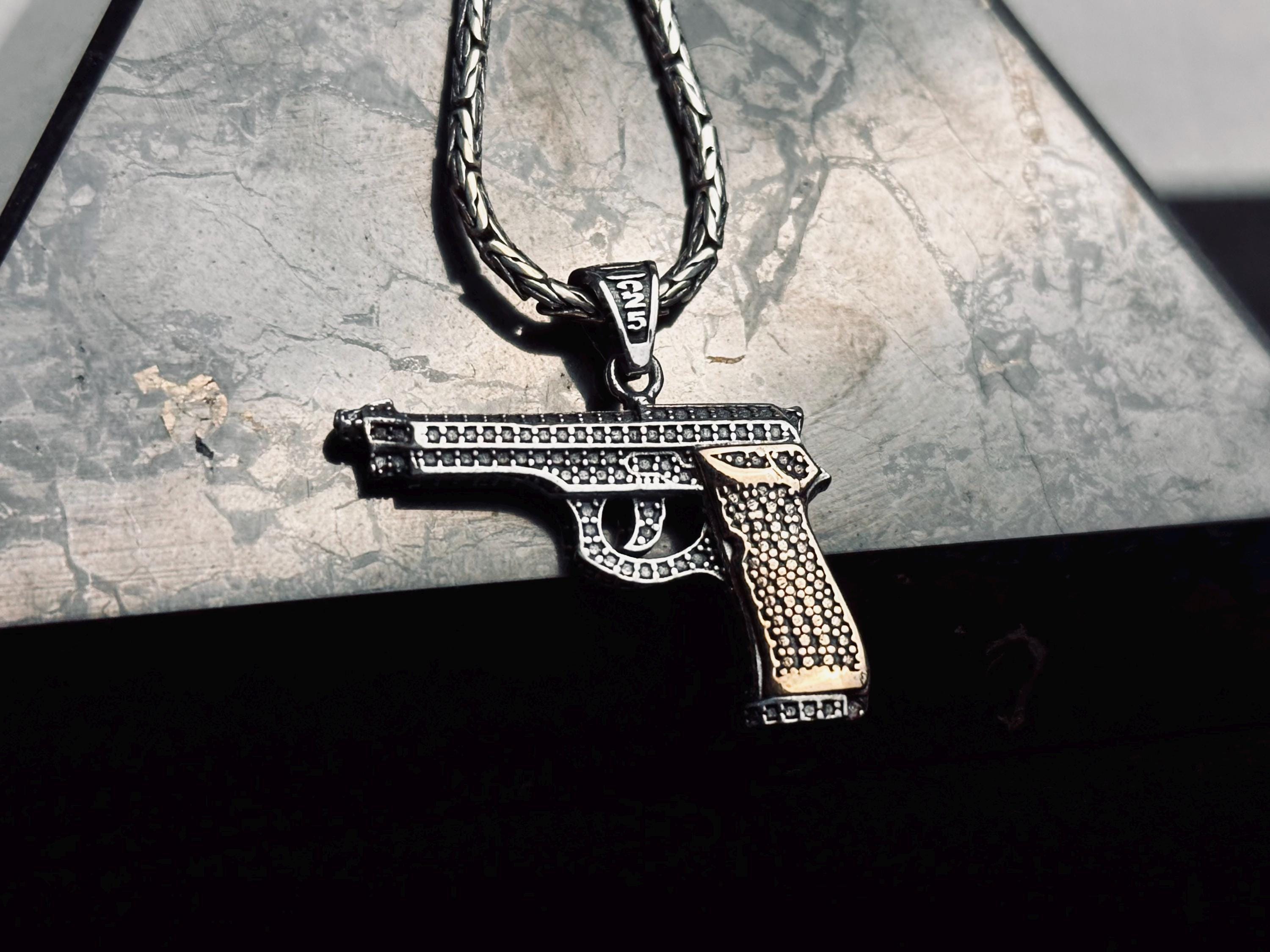 Gun Necklace: Men's Silver Pendant Jewelry (Chain Length Options)
