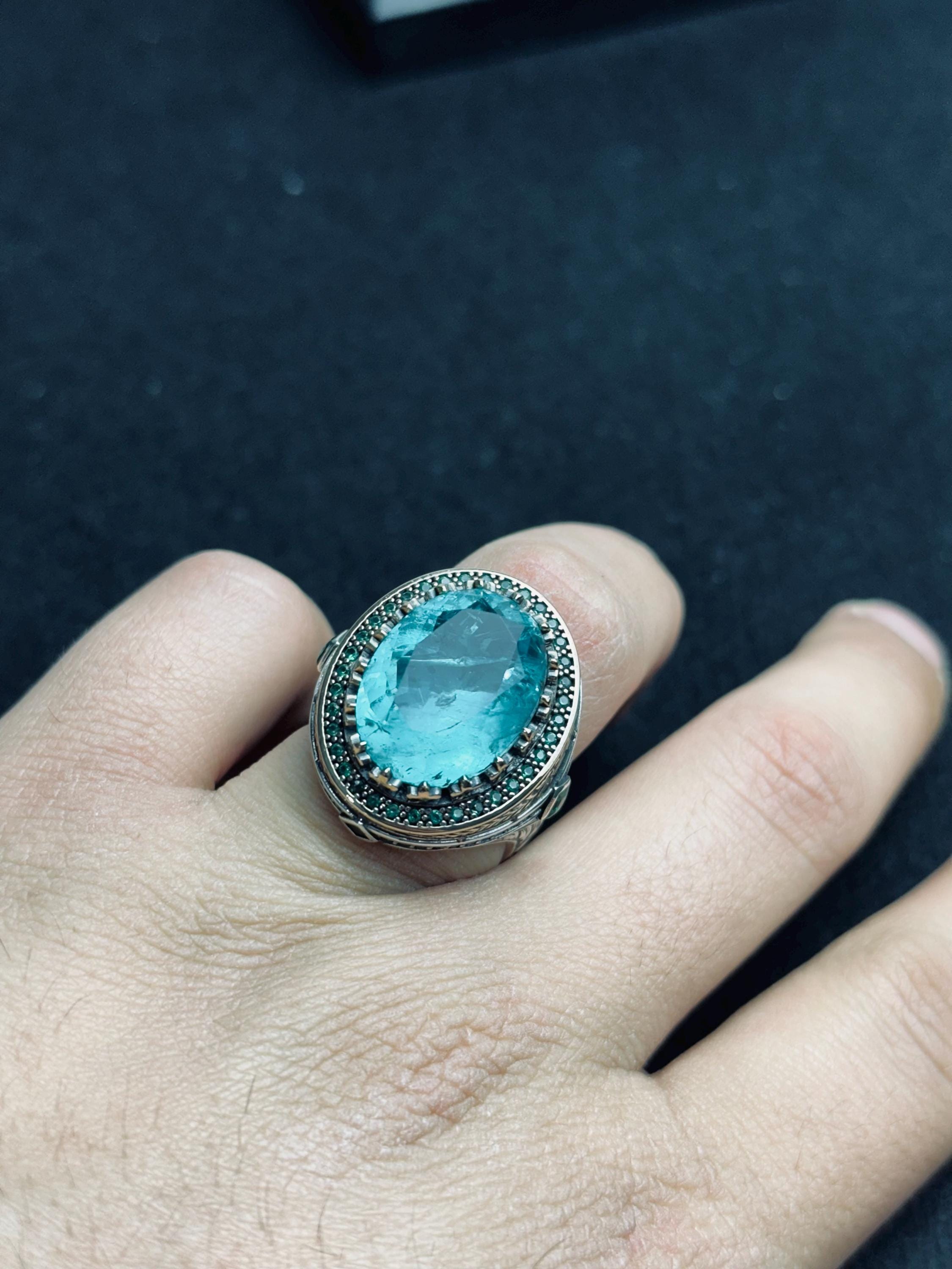 Oval Aquamarine Ring for Men - Sterling Silver Lion Head Signet