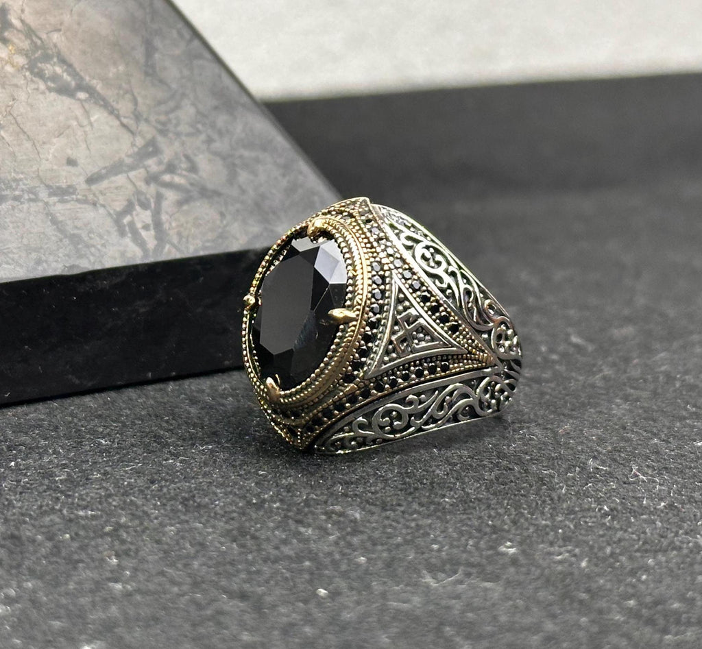 Men's Silver Ring: Handmade 925 Sterling - Black Zircon Stone