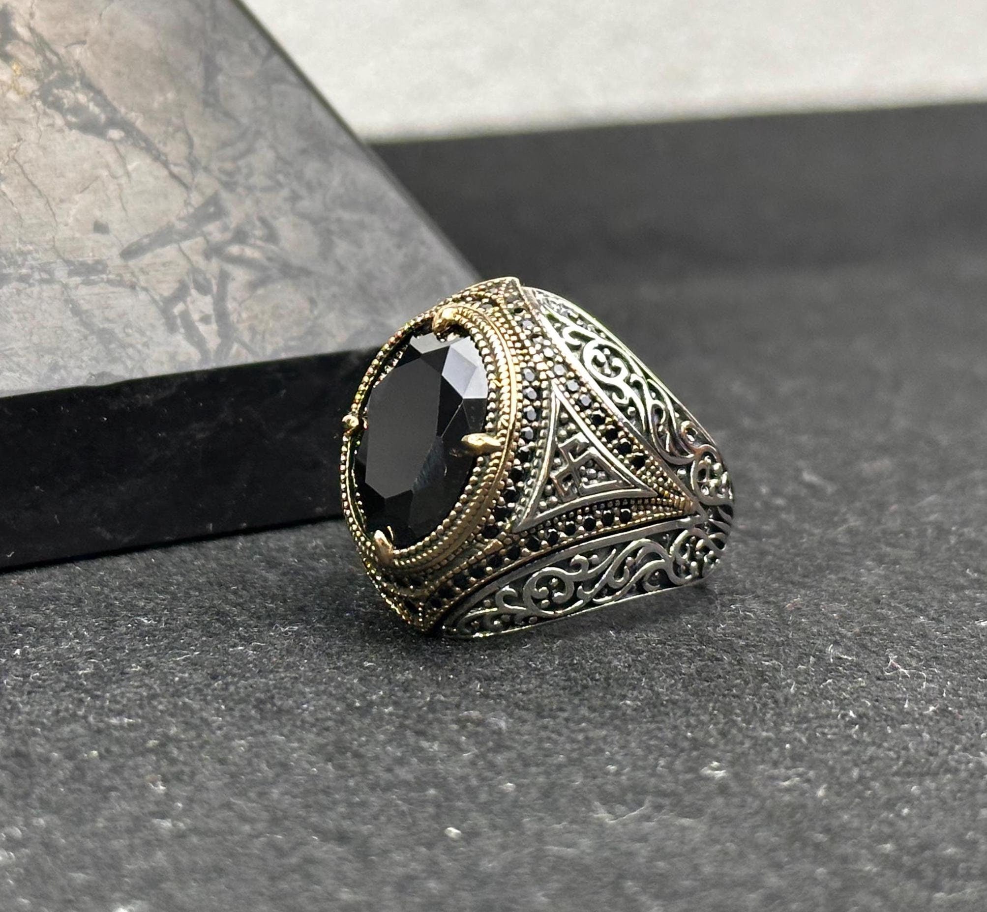 Men's Silver Ring: Handmade 925 Sterling - Black Zircon Stone