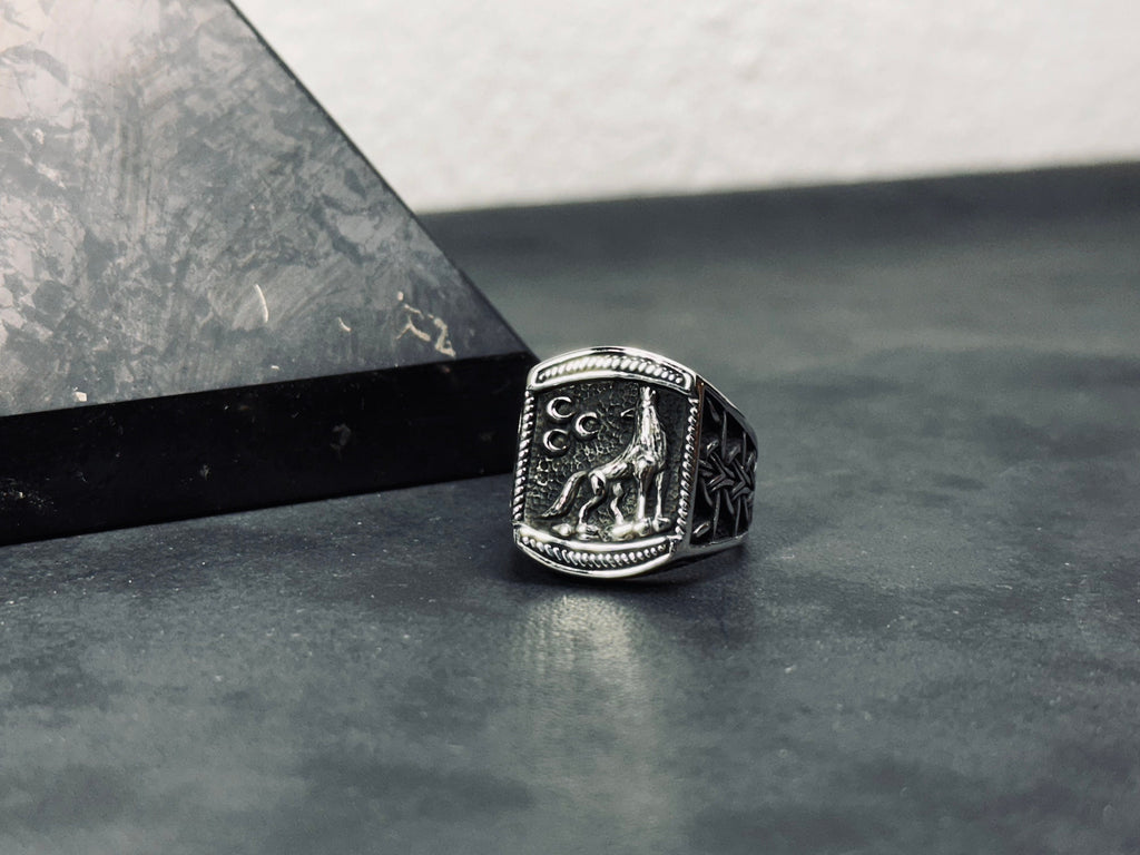 Wolf and Moon Ring: Sterling Silver Handmade - Celestial Detail